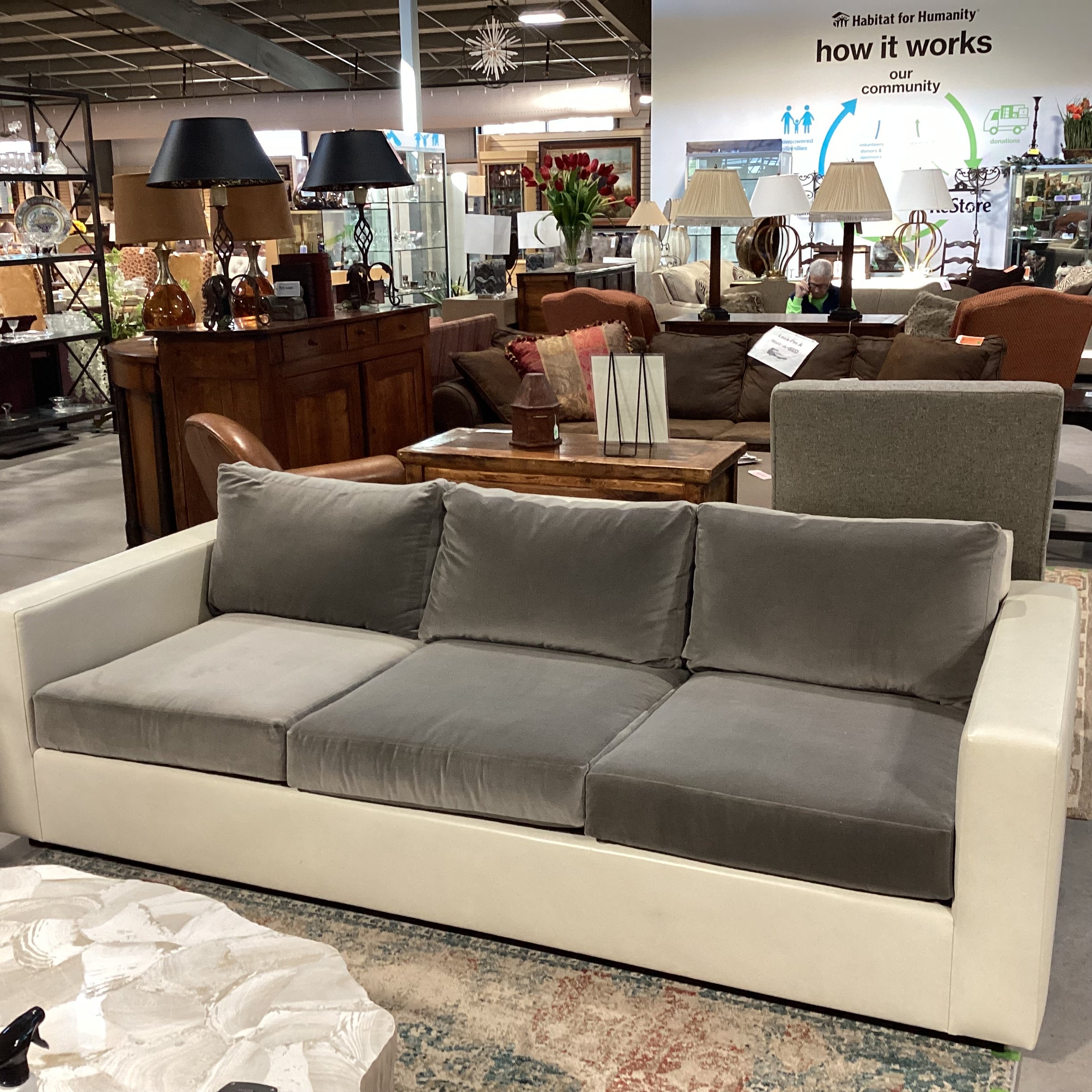 Custom Grey Velvet & Cream Leather Track Arm Down Mix Sofa 96"x 42"x 30"