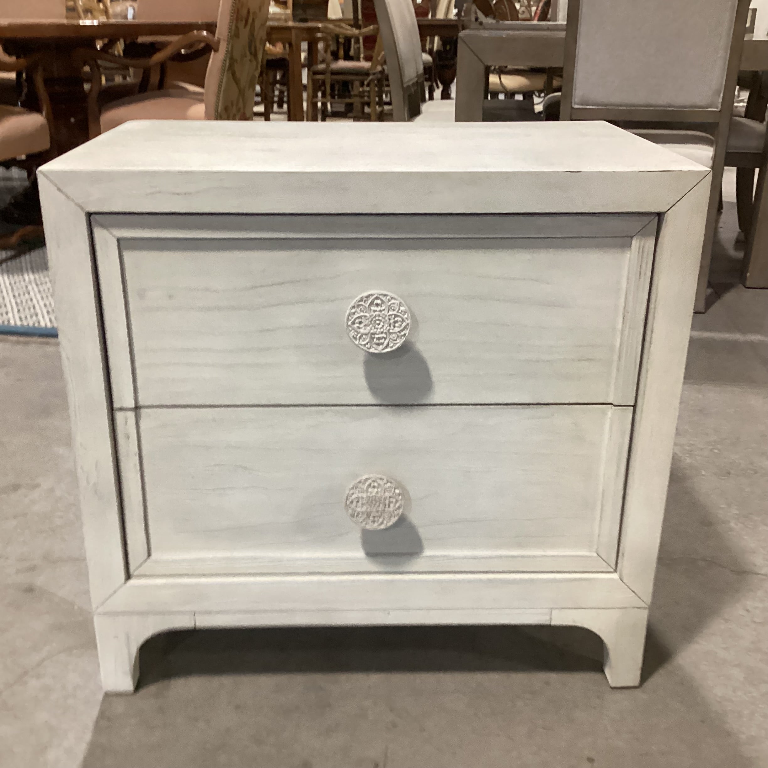 Bohemia White Washed Wood with Carved Mandala Pulls 2 Drawer Nightstand 28"x 18"x 27"