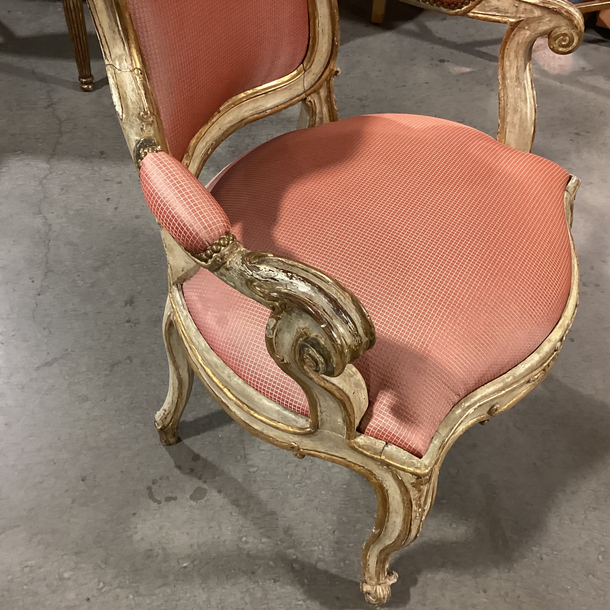 Antique French Provincial Ornate Carved Cream Gold Wood Orange Gold Upholstered Chair 31"x 26"x 41"