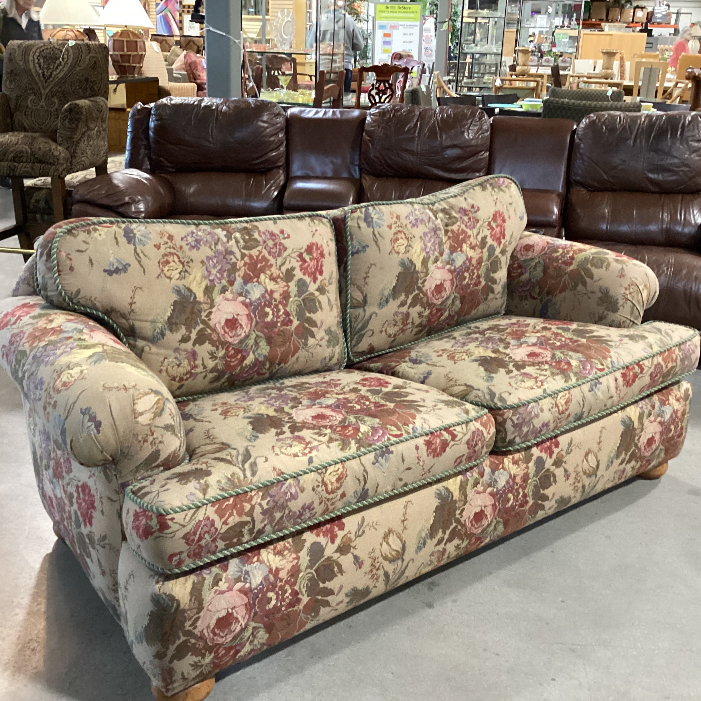 D. Langston Floral Needledpoint Style with Piping & Downmix Sofa 76"x 39"x 29"