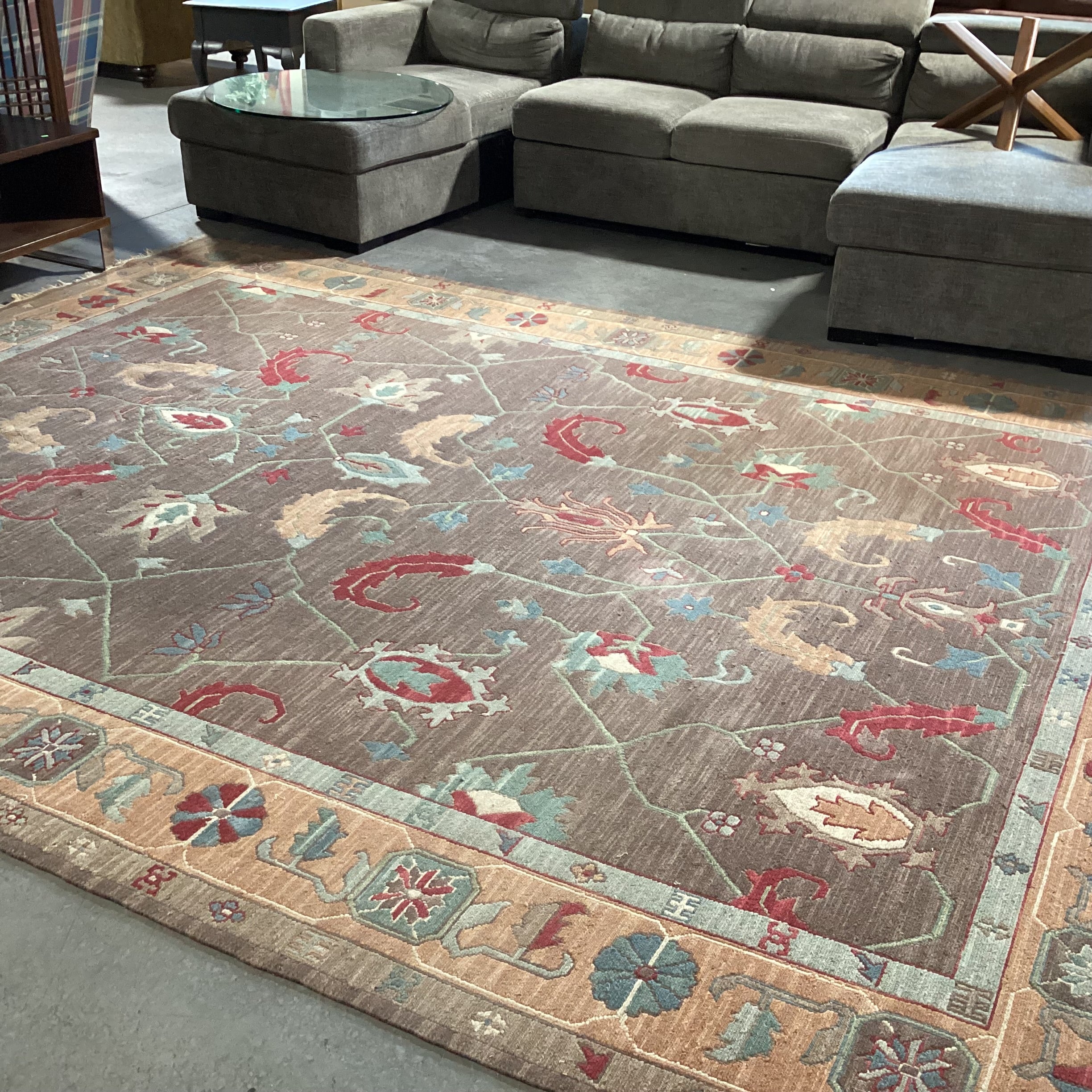 Taupe Peach Red & Teal Floral with Border Hand Woven Wool Rug 9'1"x 12'1"