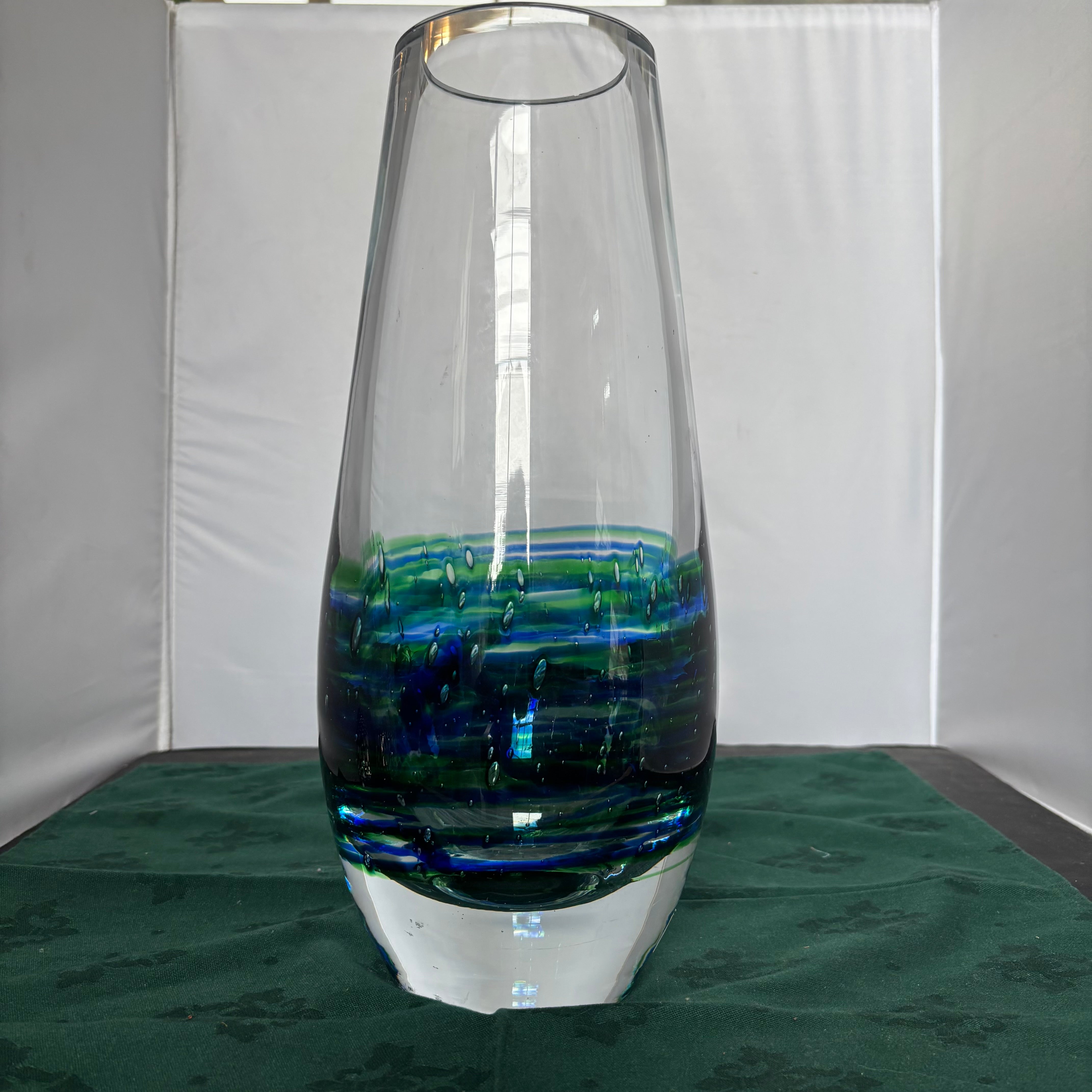 Vintage Handblown Blue/Green Art Glass Vase Signed By Artist, Svoboda, Czech Republic, 14"