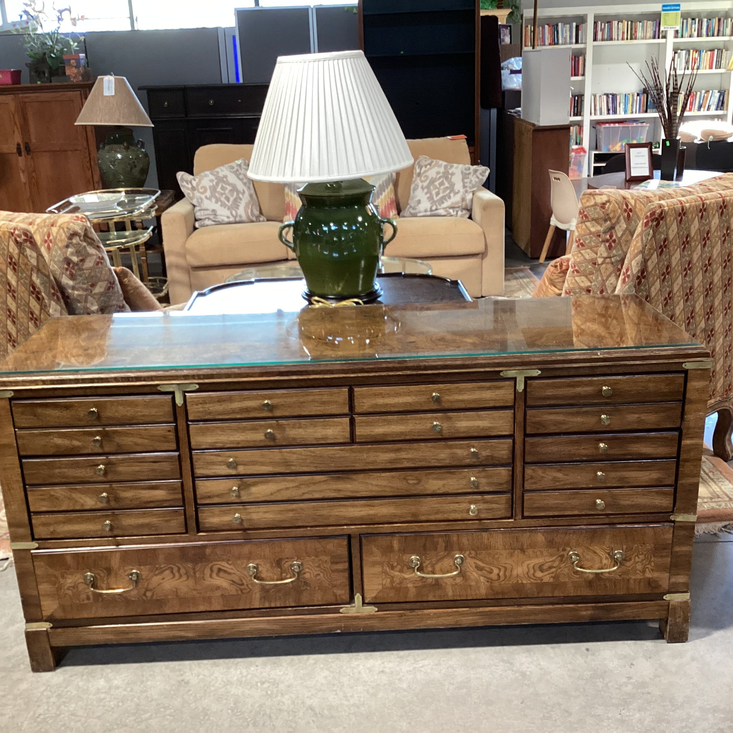 Vintage Lane Campaign Style Wood & Burl Veneer 8 Drawer with Brass Accent & Glass Top Dresser 64"x 19"x 30"