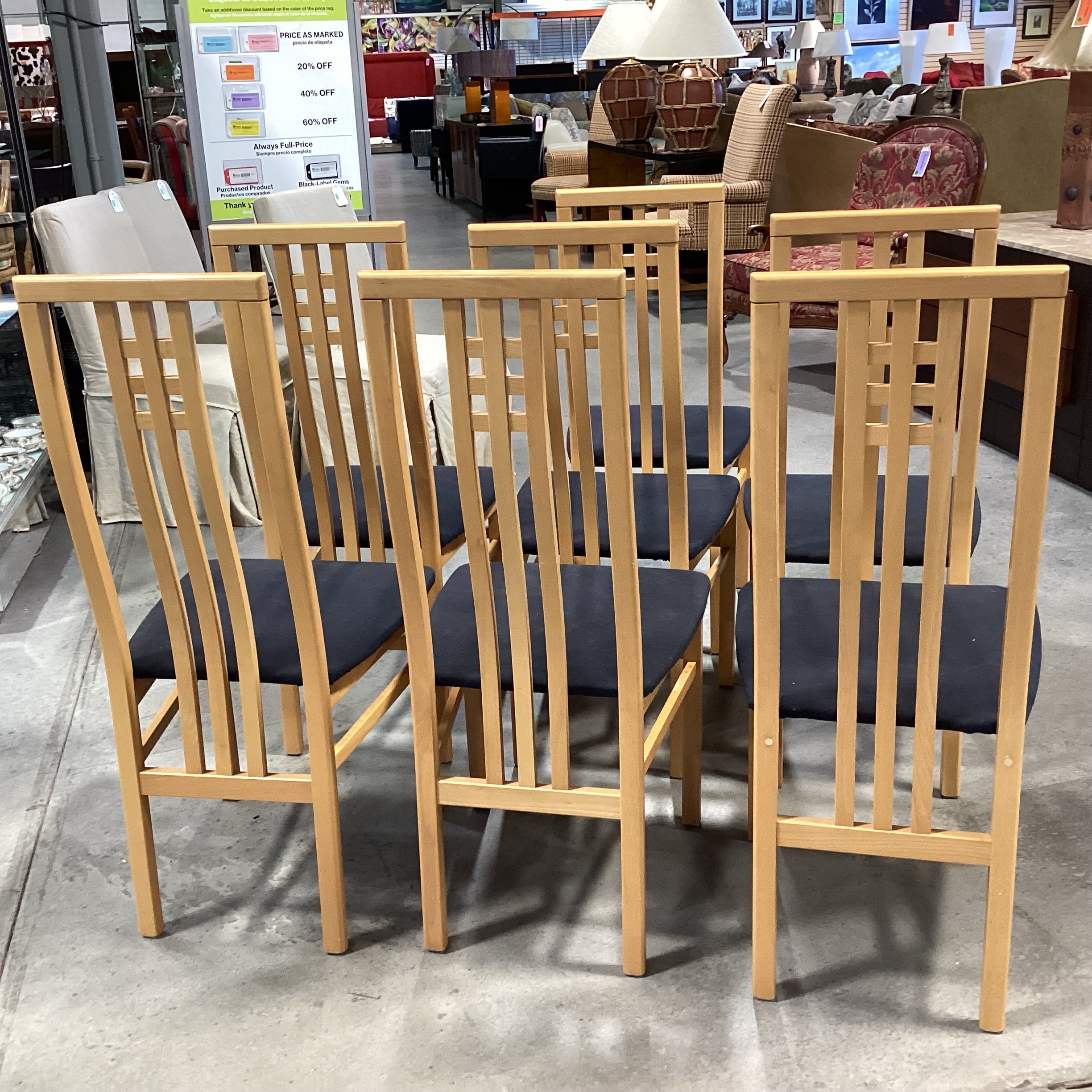 SET of 7 IMS SRL Italian Mid Century Style Teak with Black Seat Dining Chairs 18"x 20"x 42"