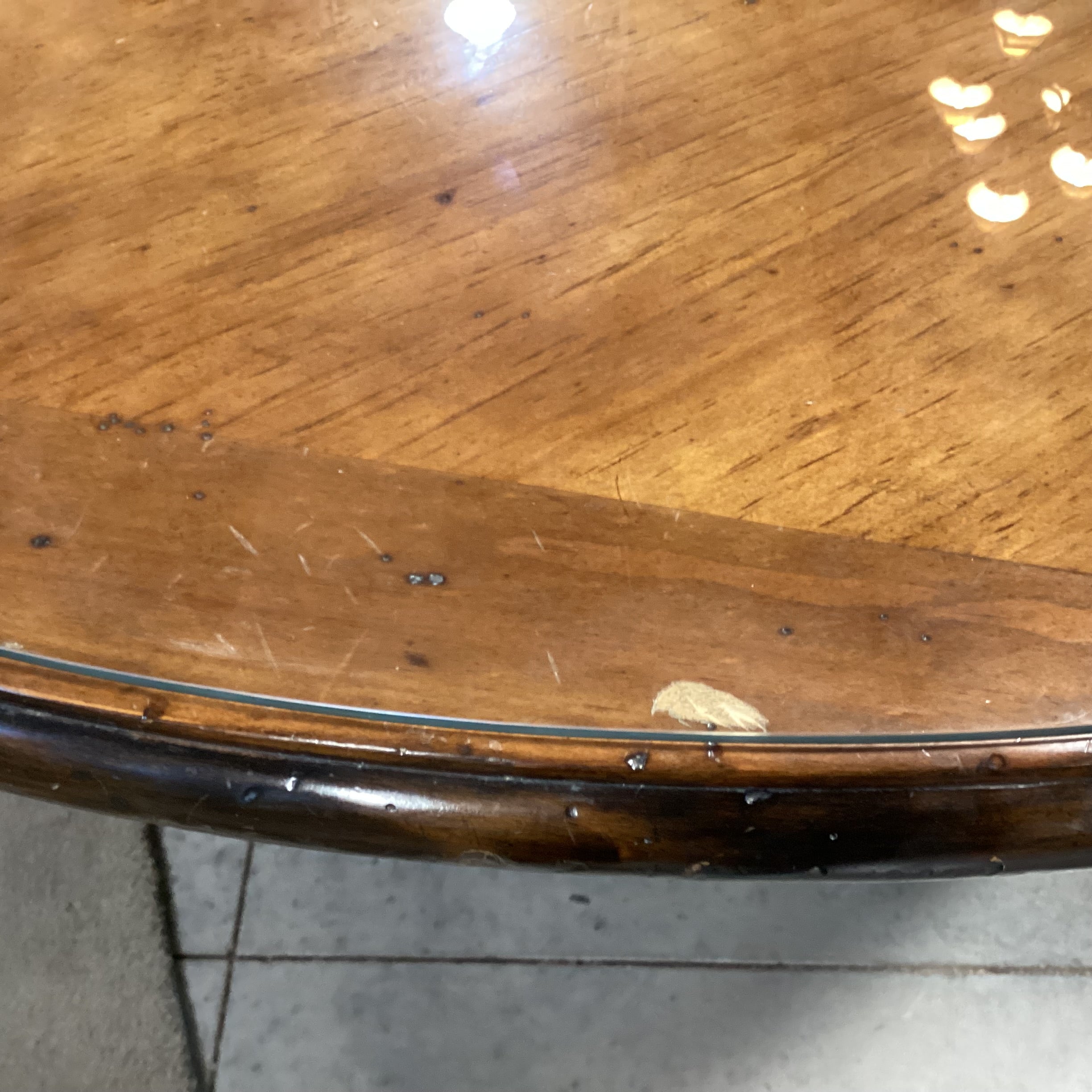 Carved Distressed Finish with Ornate Pedestal & Glass Top Round Dining Table 60" Diameter x 30"