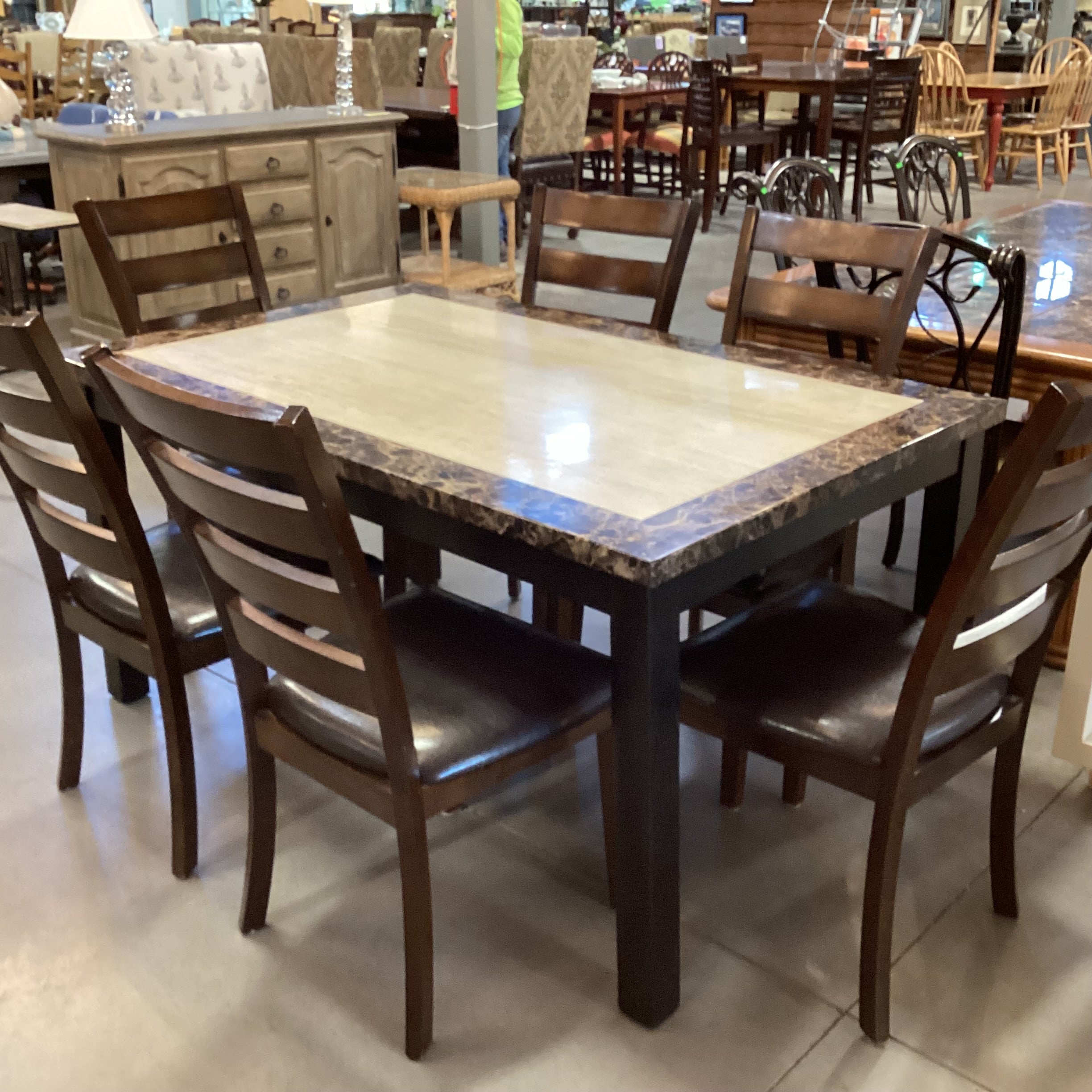 Dark Finish Wood & Faux Marble Table with 6 Faux Leather & Wood Chairs Dining Set 60"x 38"x 30.5"