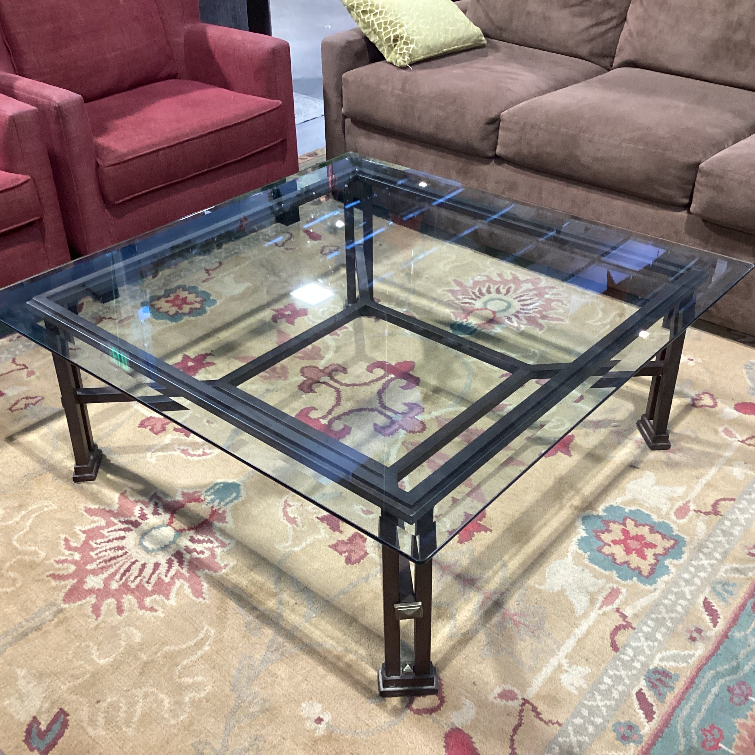 Iron with Bronze & Gold Detail Glass Top Coffee Table 45"x 45"x 17.5"