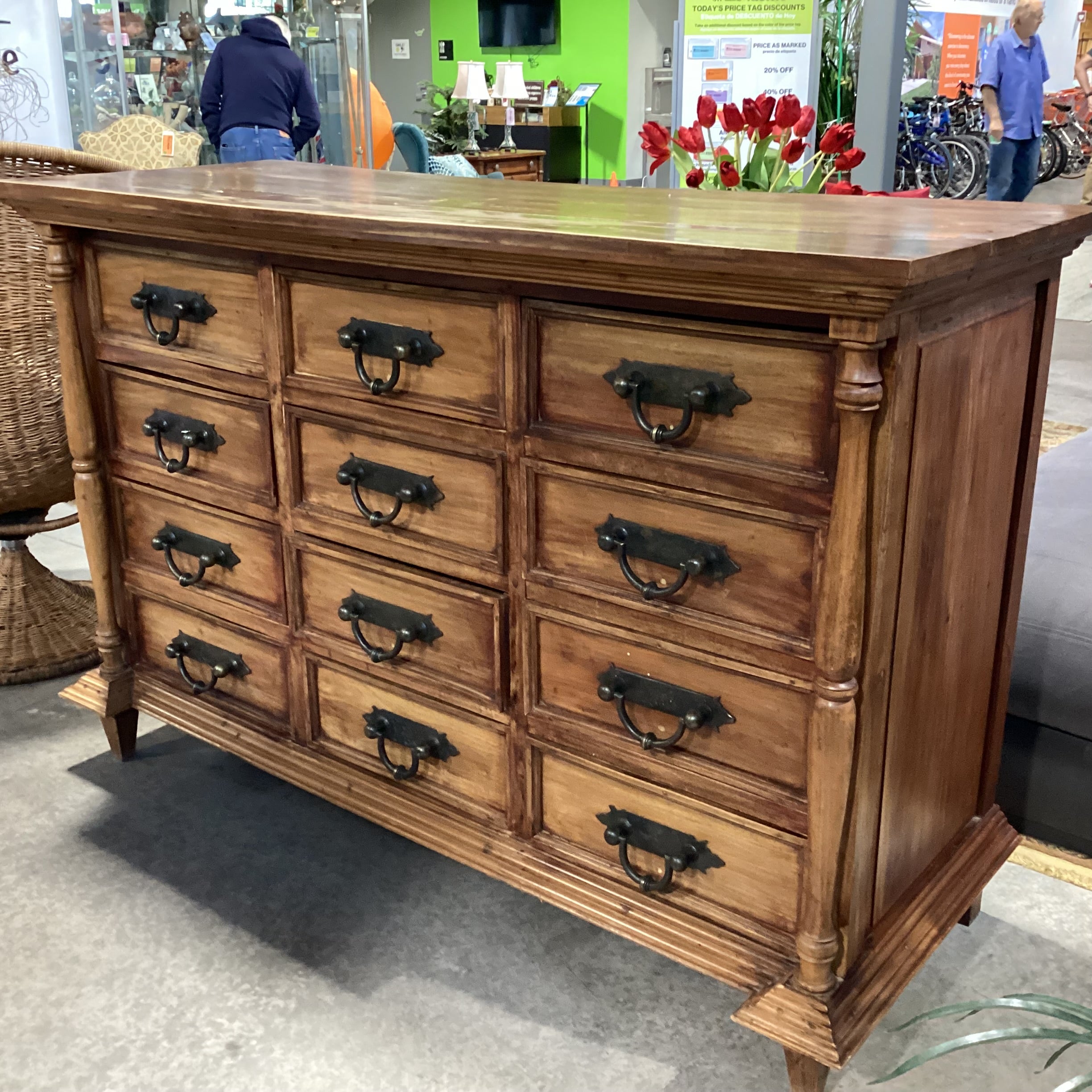 Solid Rustic Carved Wood & Iron 12 Drawer Dresser 68"x 26"x 45.5"