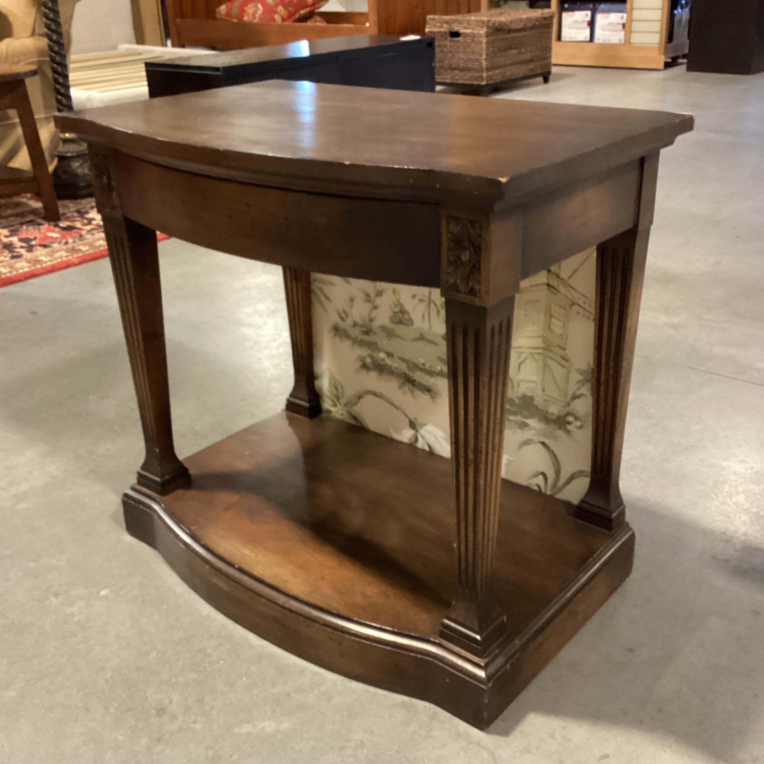 Vintage Finished Wood & Veneer with Fabric Back 1 Drawer End Table 28"x 18"x 26"