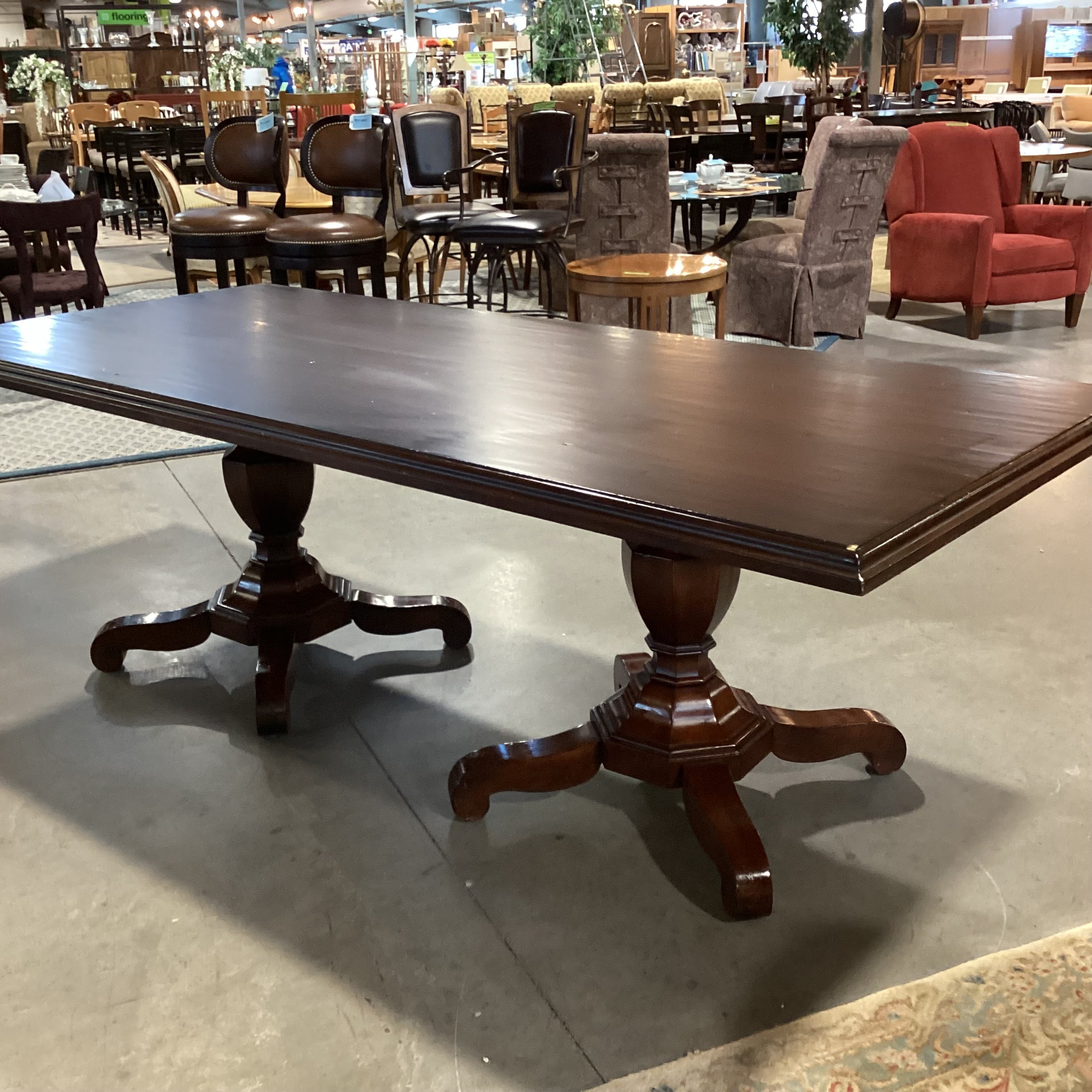 Dark Finish Wood with Carved Double Pedestal Dining Table 96"x 42"x 31"