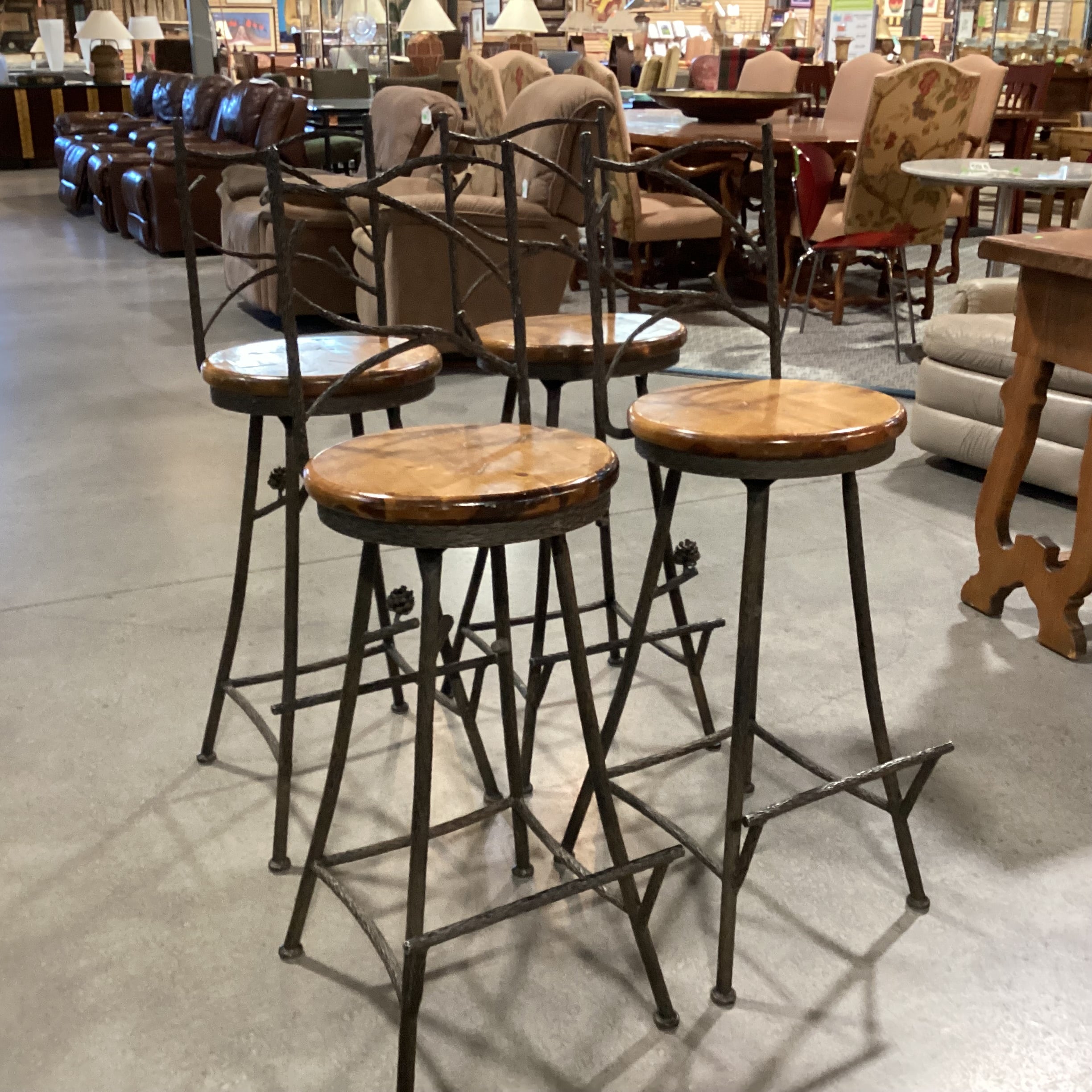 SET of 4 Pinecone & Branch Iron Solid Wood Swivel Seat Barstools 31"
