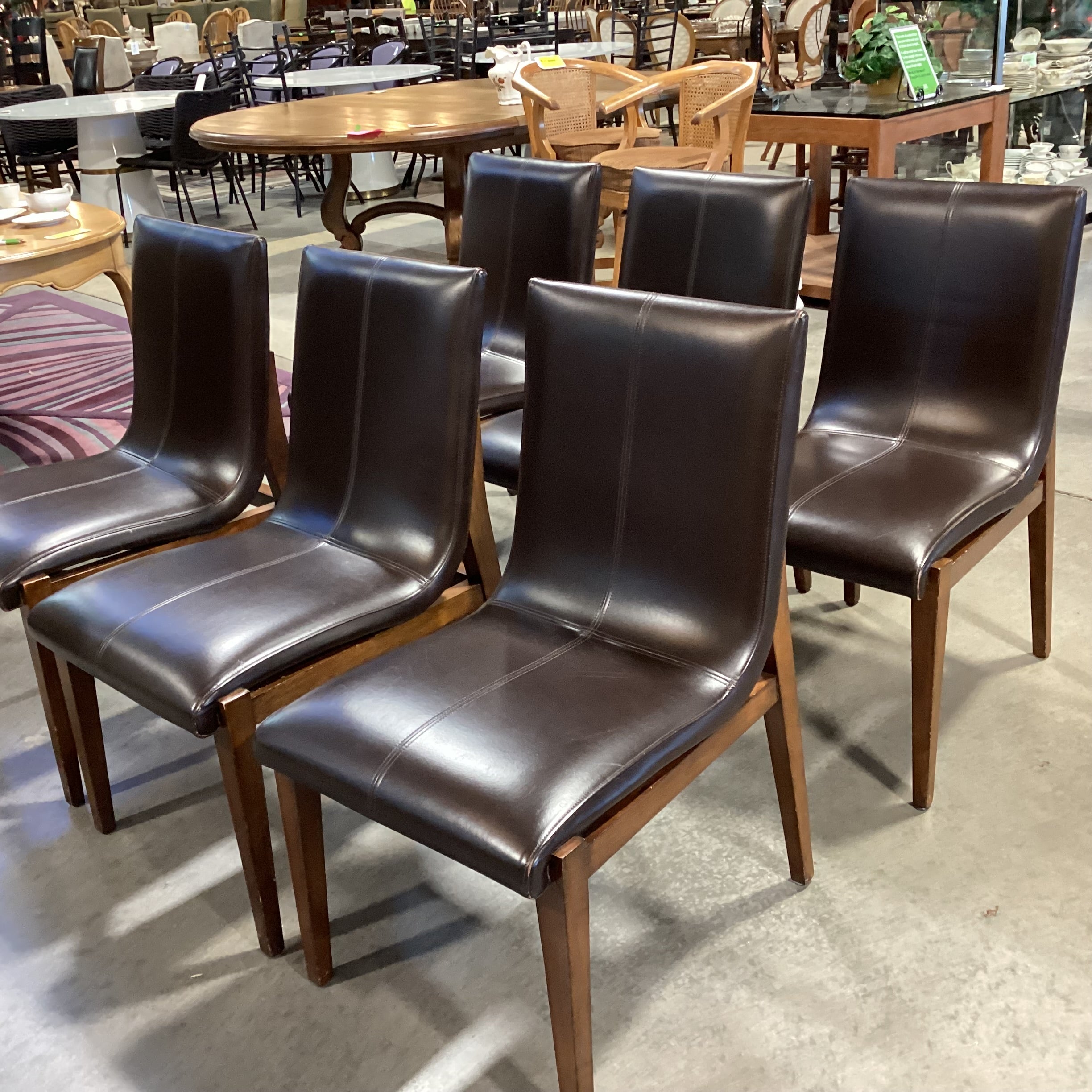 SET of 6 Brownstone Mid Century Style Chocolate Leather & Wood Dining Chairs 21"x 25"x 37"