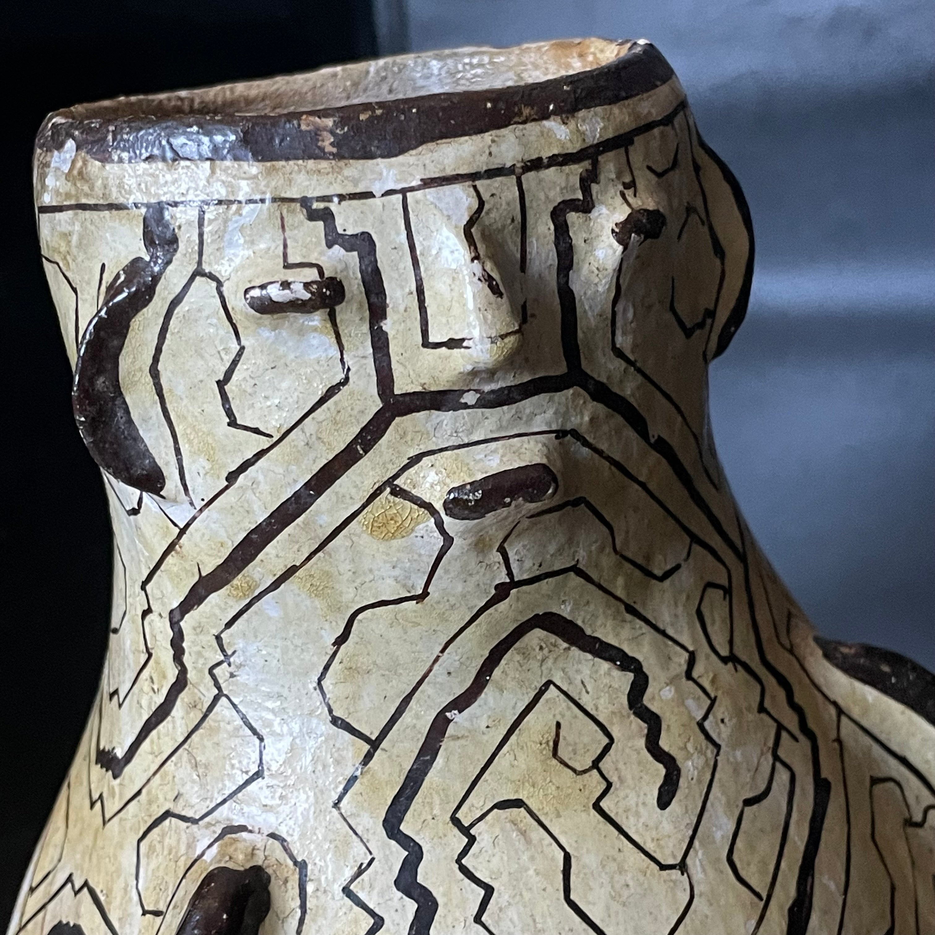 Antique Peruvian Shipibo Conibo Anthropomorphic Geometric Kene Pattern Pottery Vessel, 5.5"x 9"