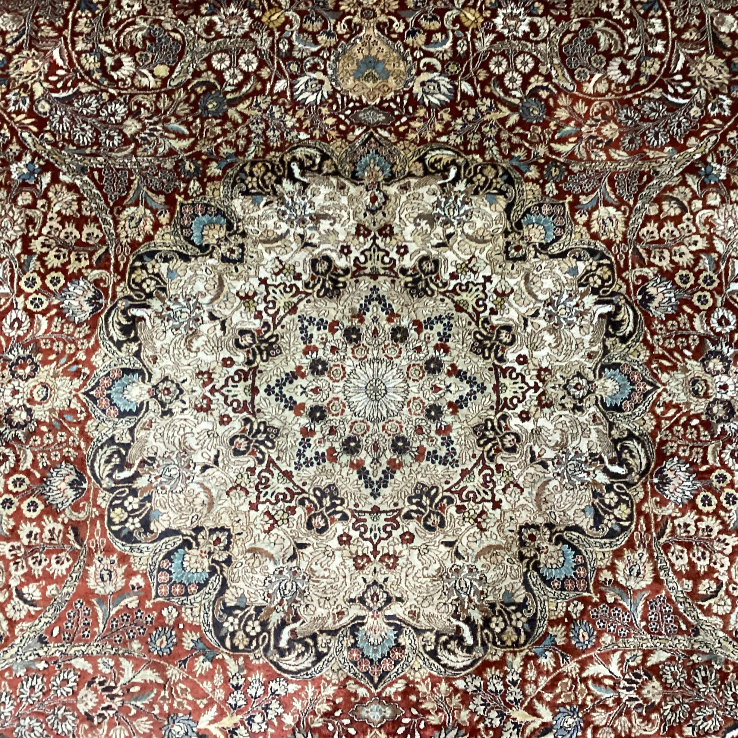 Persian Cream Rust Red Black & Blue Hand Woven Silk Rug 8'1"x 10'1"