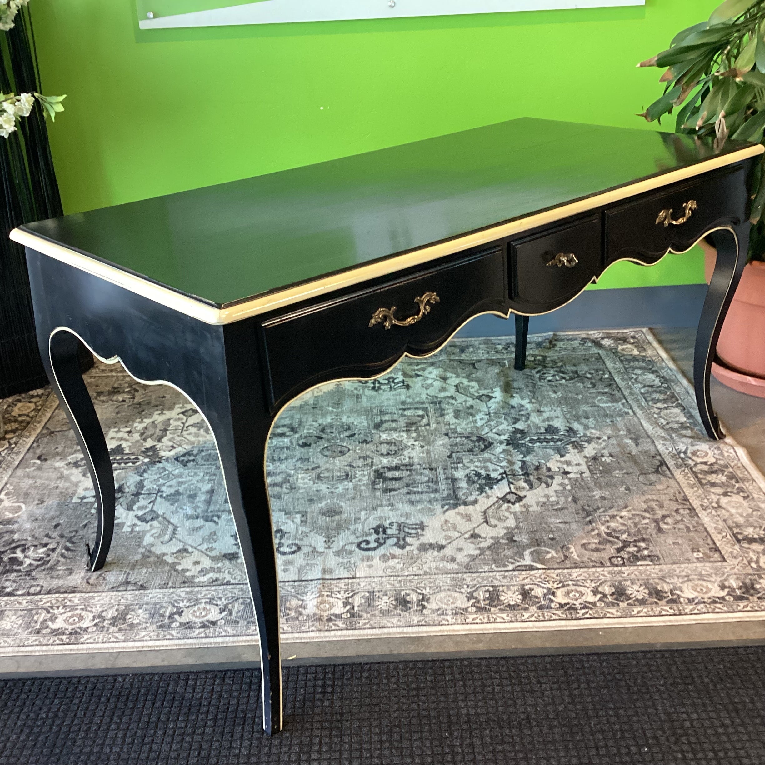 Vintage French Louis XV Style Black with Cream Detail & Brass Accent 3 Drawer Back Faux Front Desk 62"x 30"x 32"