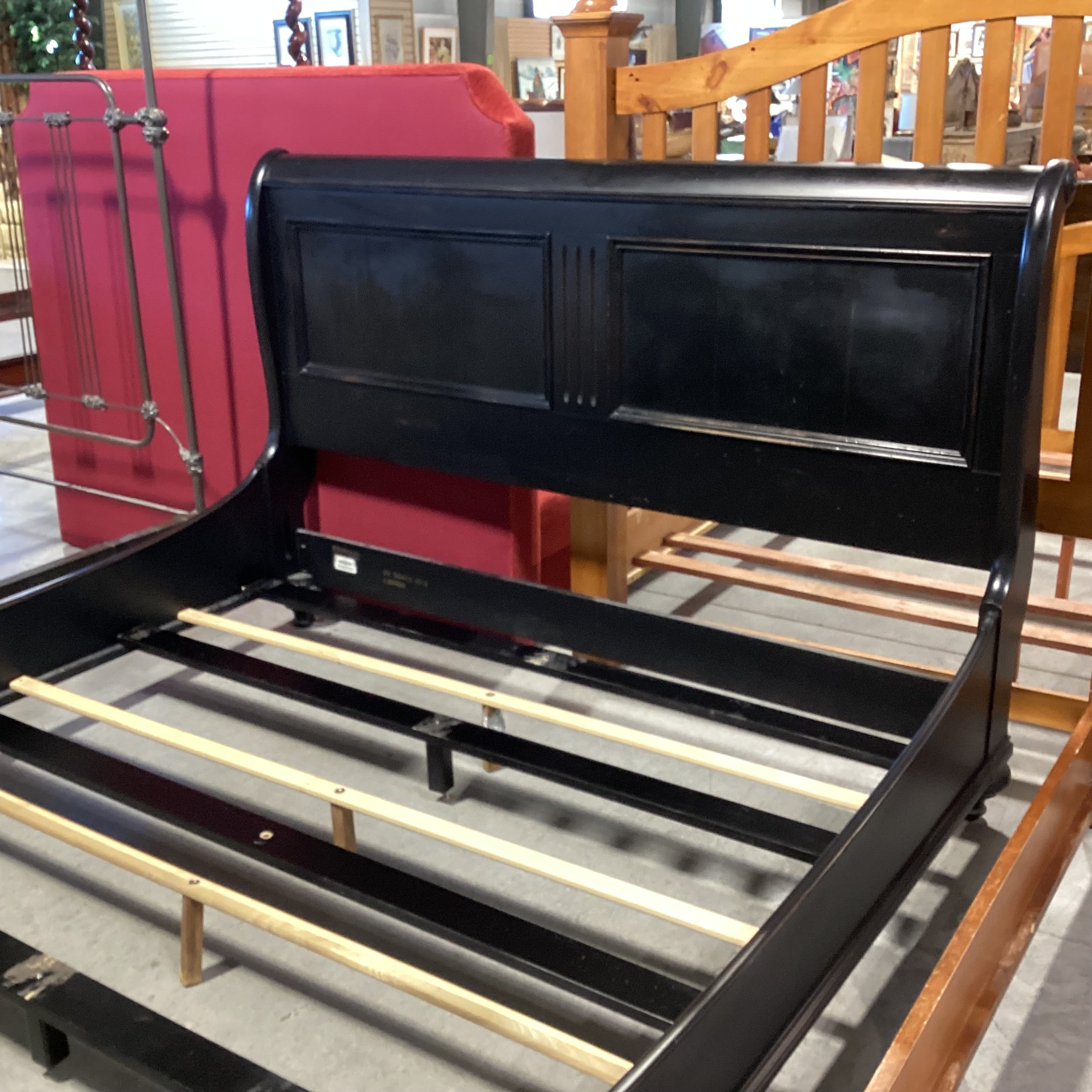 KING Ethan Allen Black Finish Wood Panel Detail Sleigh Bed Set 81"x 90"x 52"