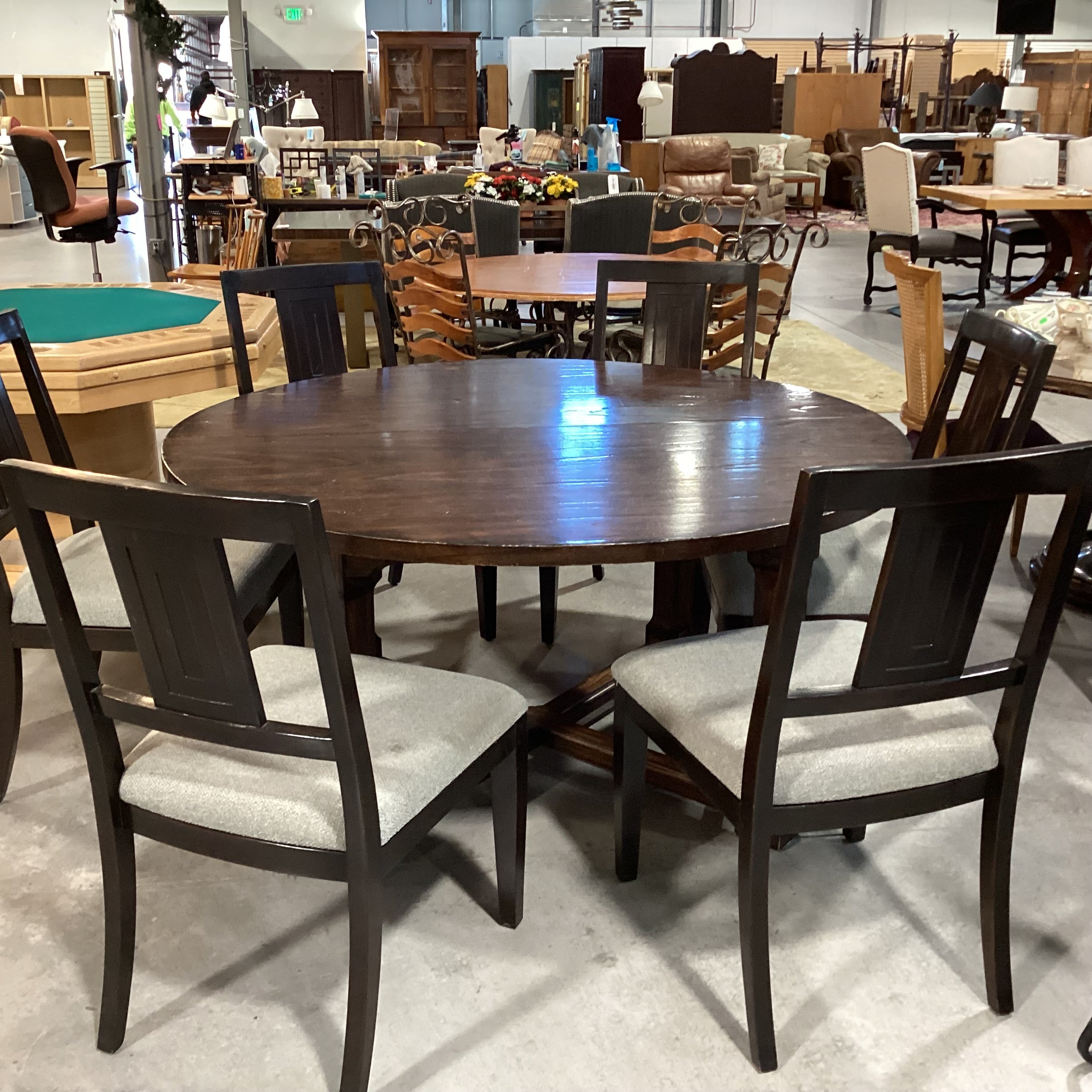 Round Dark Finish Wood Cross Trestle Base Table with 6 Asian Style Chairs Dining Set 60" Diameter x 30.5"