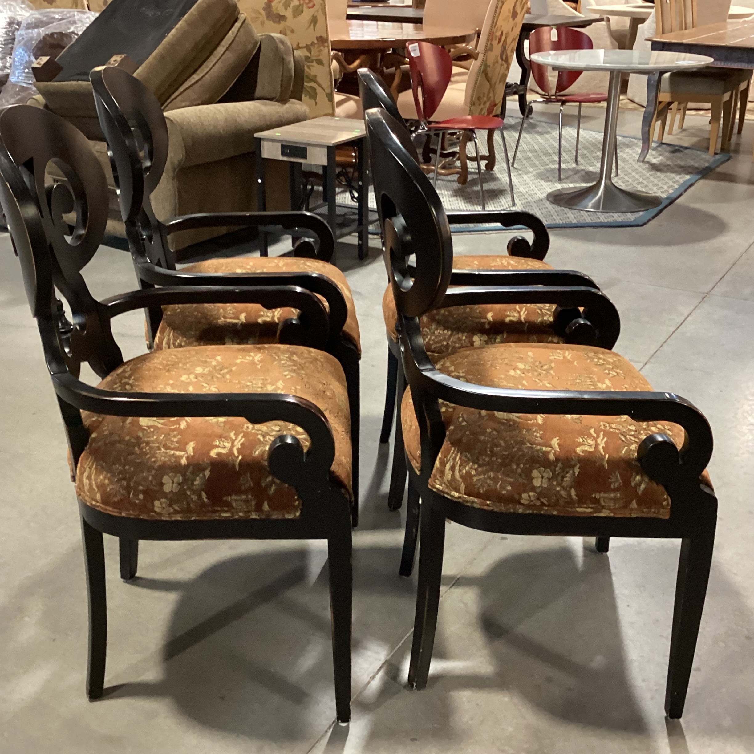 SET of 4 Vanguard Ornate Scroll Antiqued Black Wood & Brown Gold Animal Scene Upholstery Dining Chairs 23"x 23"x 40"