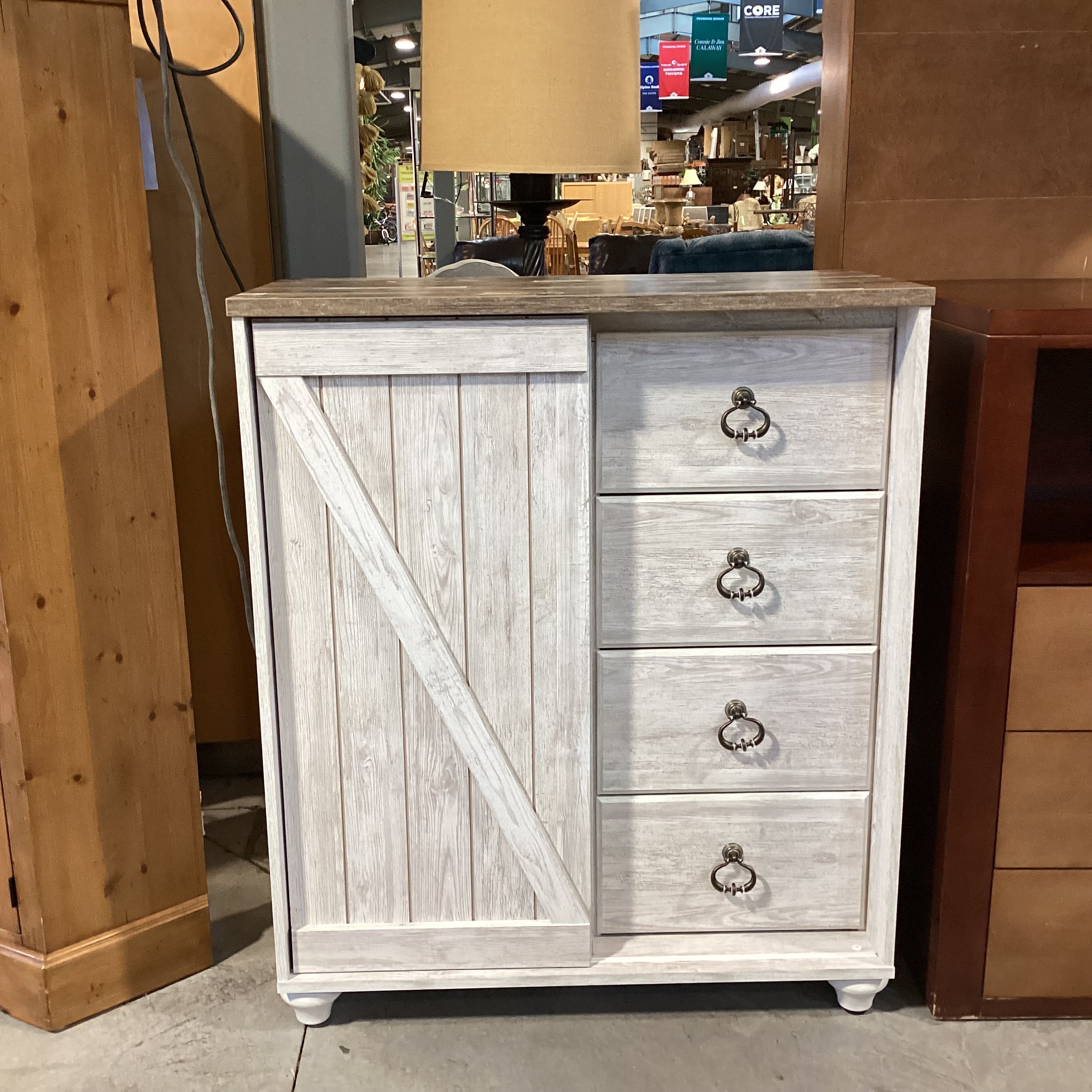 Ashley Furniture Willowton Washed White & Multi Wood Style Laminate 4 Drawer Sliding Door with Shelves Chest Dresser 39.5"x 19.5"x 46.5"