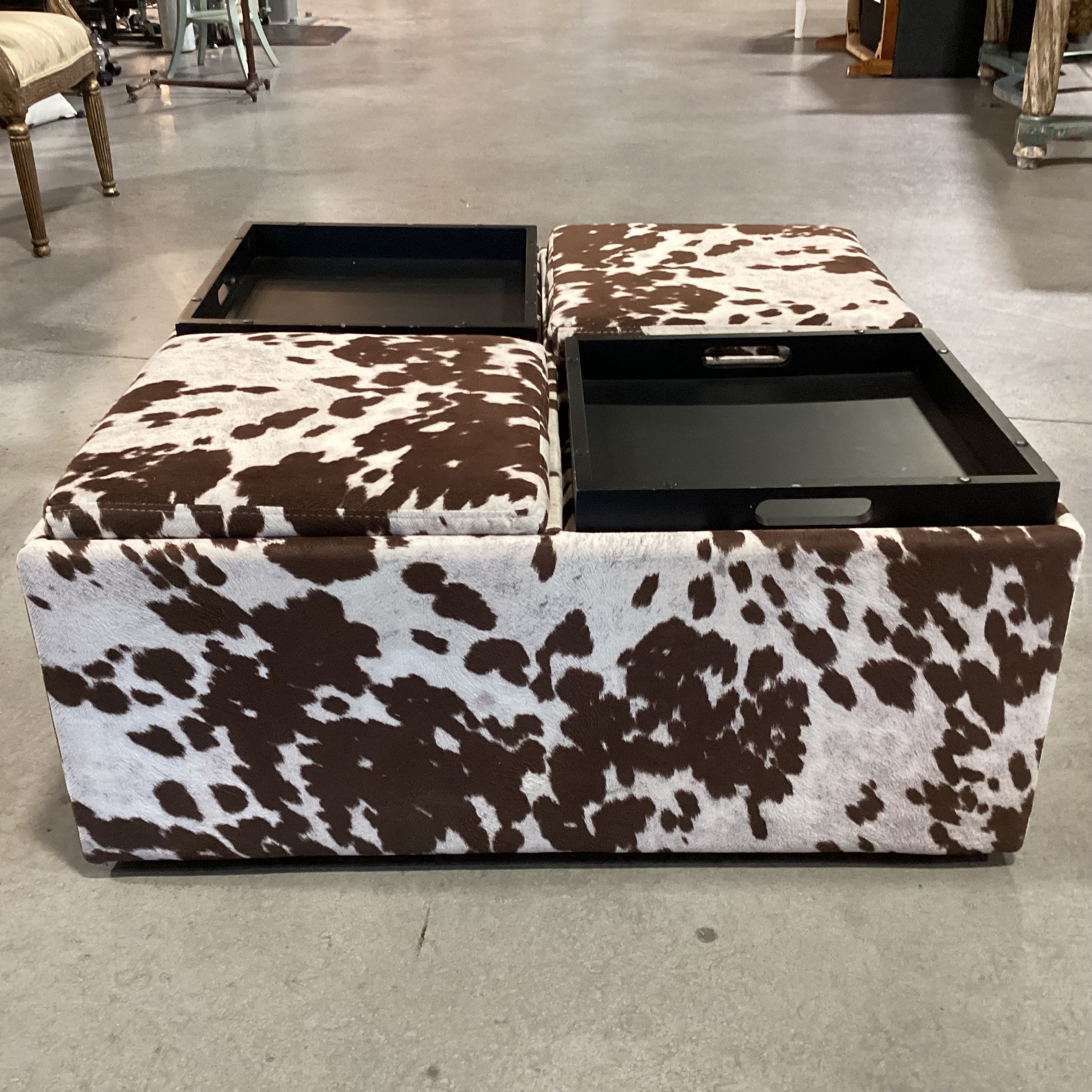 Faux Cowhide 4 Section Storage with Flip Top Tray Cocktail Ottoman 36"x 36"x 16"