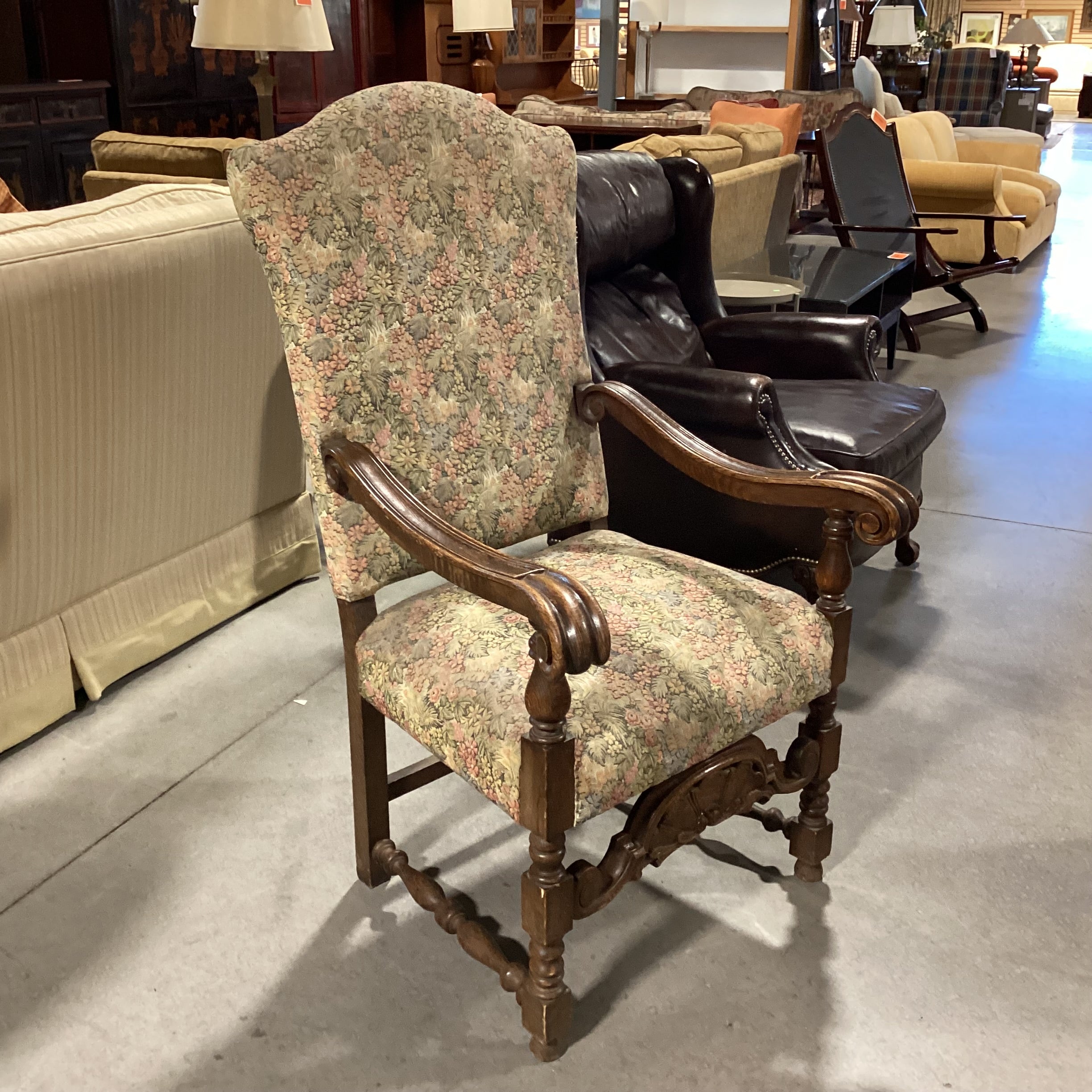 Antique Ornate Carved Oak & Sage Pink Floral Upholstered Chair 30"x 28"x 49"