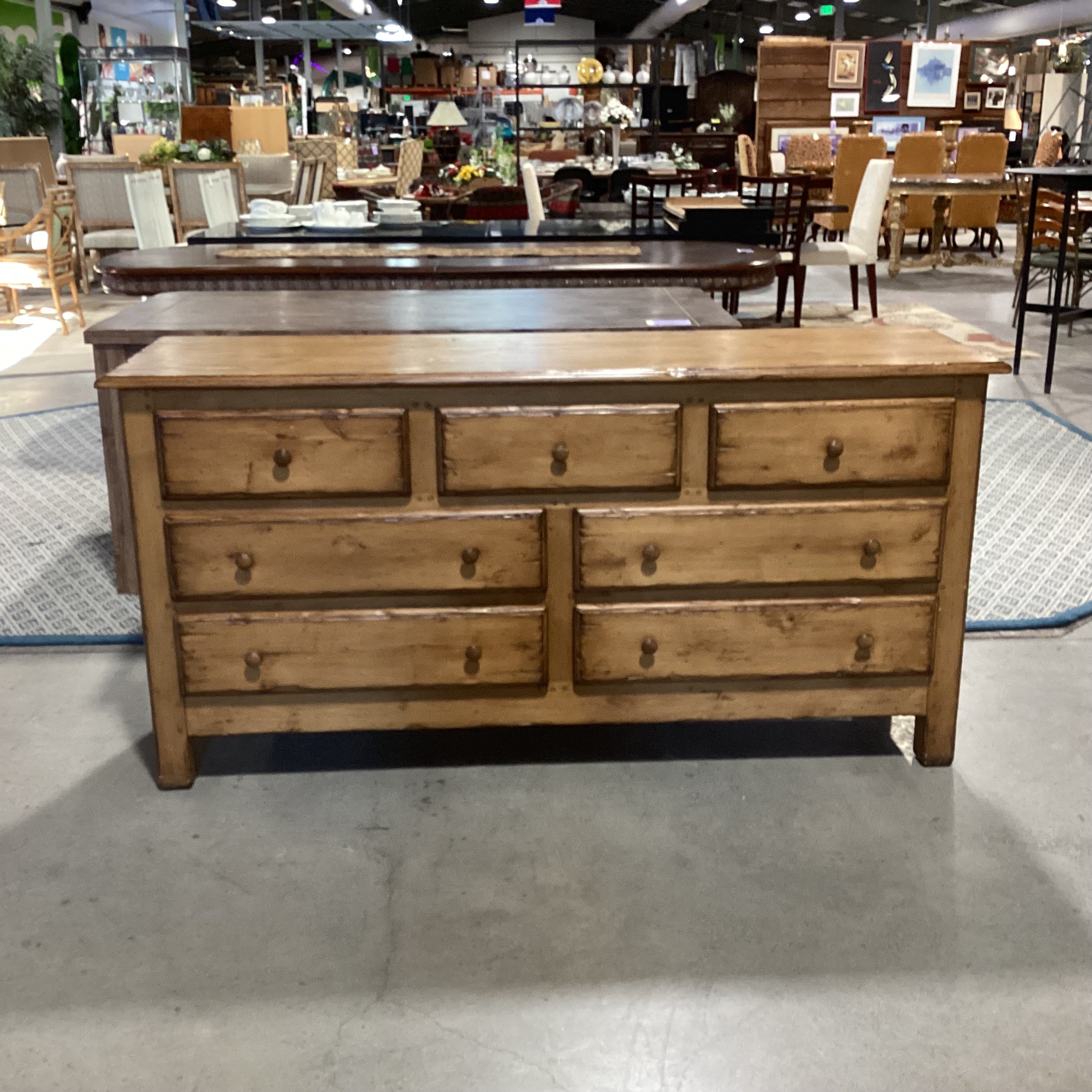 Woodland Furniture Distressed Finish Solid Wood 7 Drawer Dresser 68"x 20"x 34"