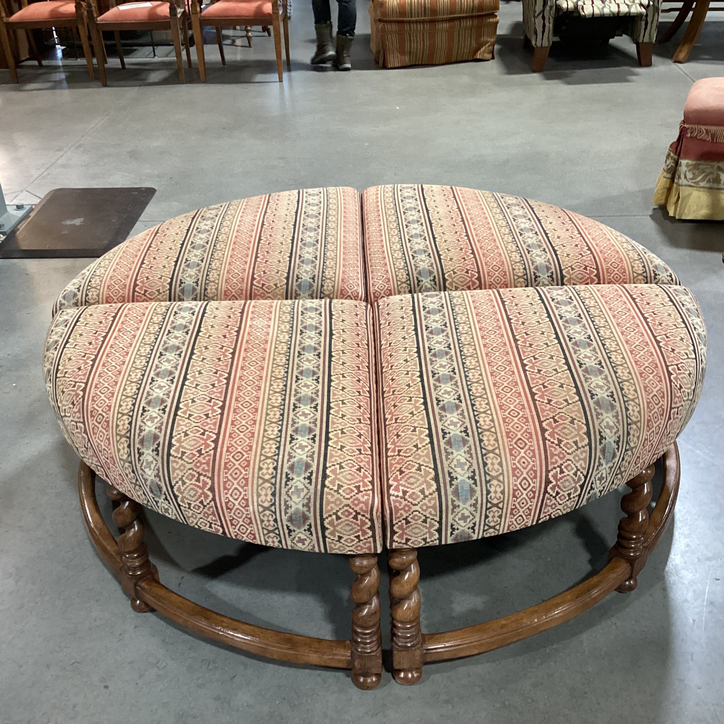 Rose Tarlow Melrose House Barley Twist Carved Wood & Upolstered 4 Piece Pie Ottoman 61" Diameter x 21"