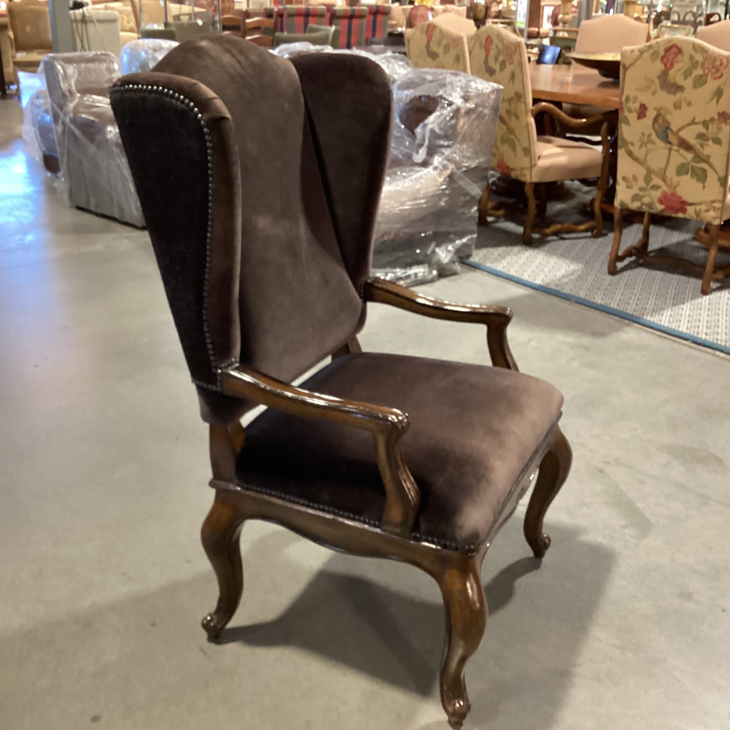 Ornate Carved Wood Dark Brown Velvet Nailhead & Cowhide Back Wing Chair 29"x 28"x 49"