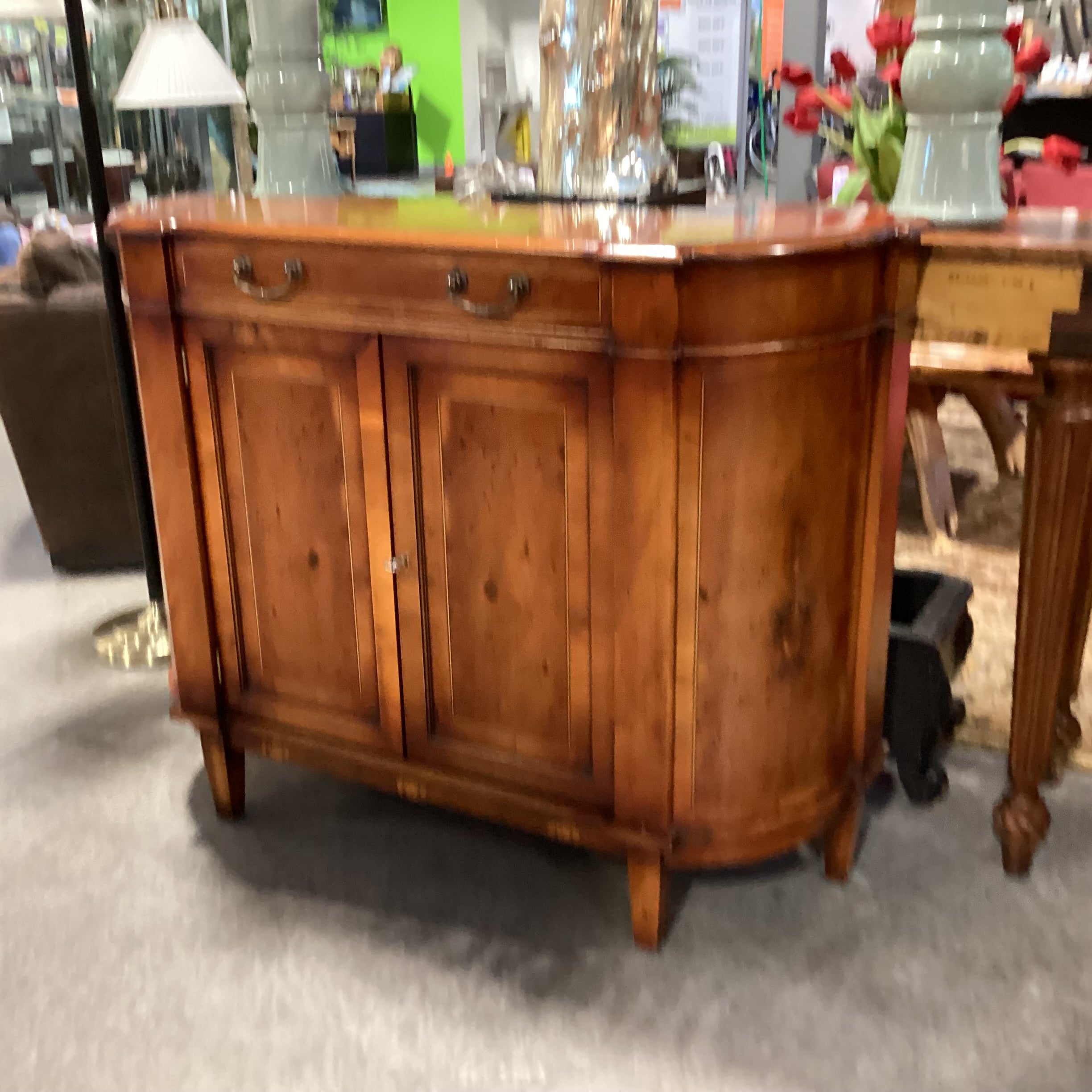 Antique Inspired Bow Front Burl or Birdseye Veneer & Decorative Inlay Lines 2 Door with Drawer Console 48"x 15.5"x 38.5"