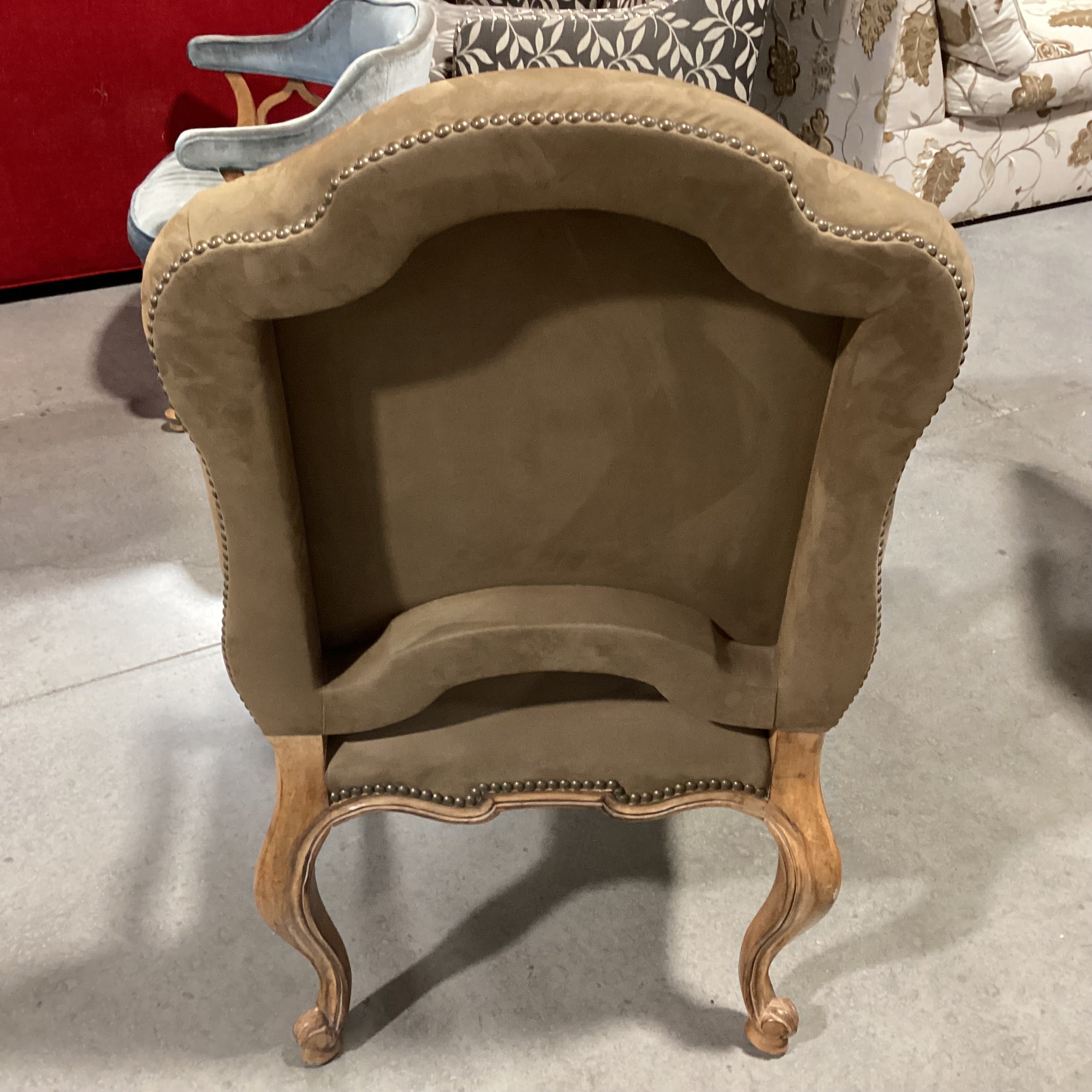 Kreiss Tan Ultra Suede Nailhead & Carved Wood Chair 27"x 27"x 44"