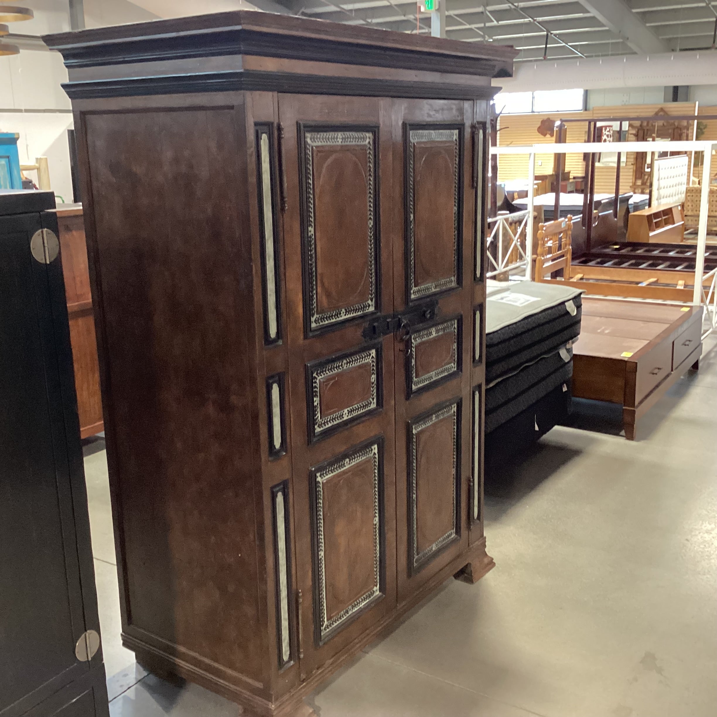 Custom Rustic Distressed Solid Wood with Painted Detail 2 Door Shelves & Drawers Armoire 65"x 34"x 90"