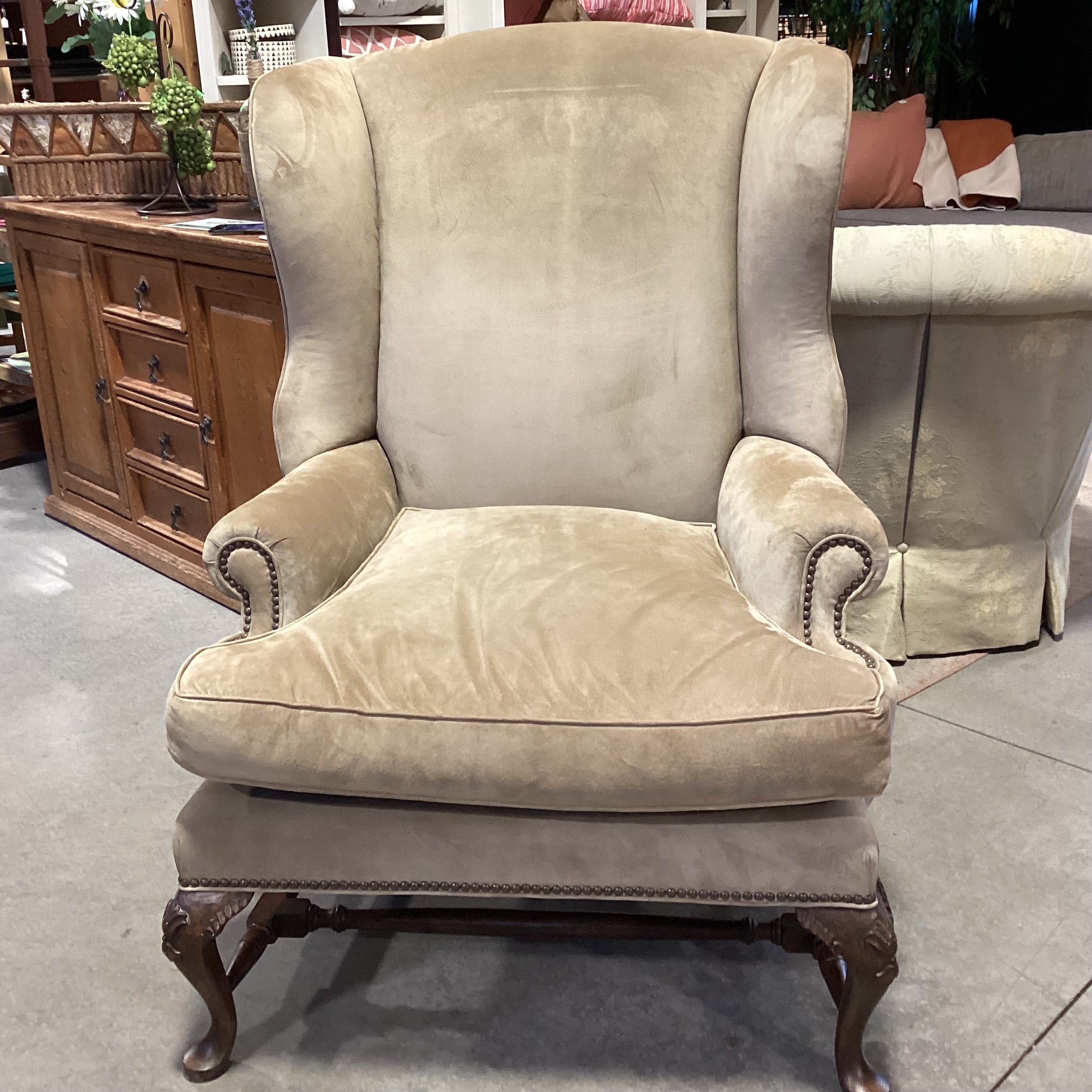 JJ Custom Beige Tan Suede Nailhead Down Mix & Carved Wood Wing Chair 36"x 36"x 47"