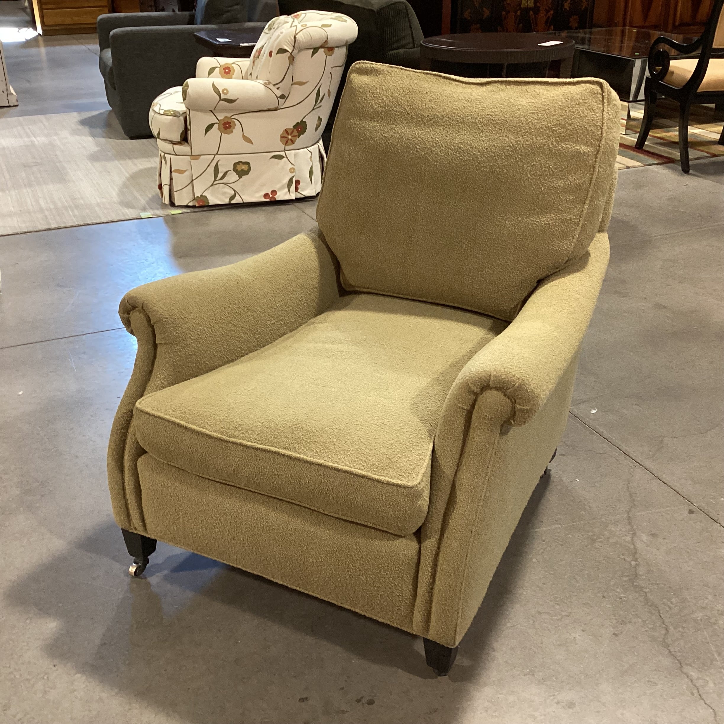 Reed Green Boucle Down Mix on Casters Chair 33"x 40"x 27"