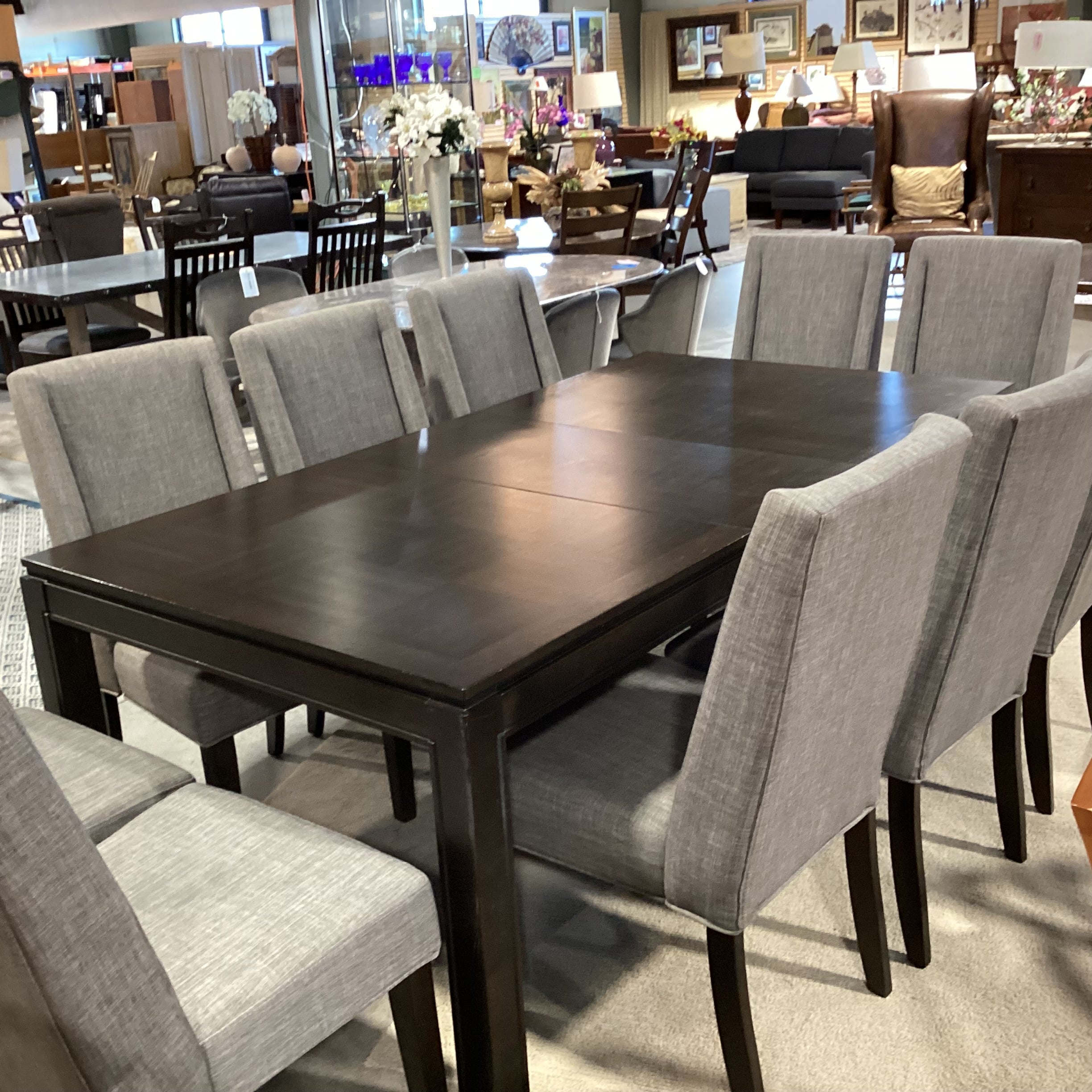 Dark Finish Wood & Veneer 1 Leaf Table & 10 Grey Woven Chairs Dining Set 78"x 42"x 30"