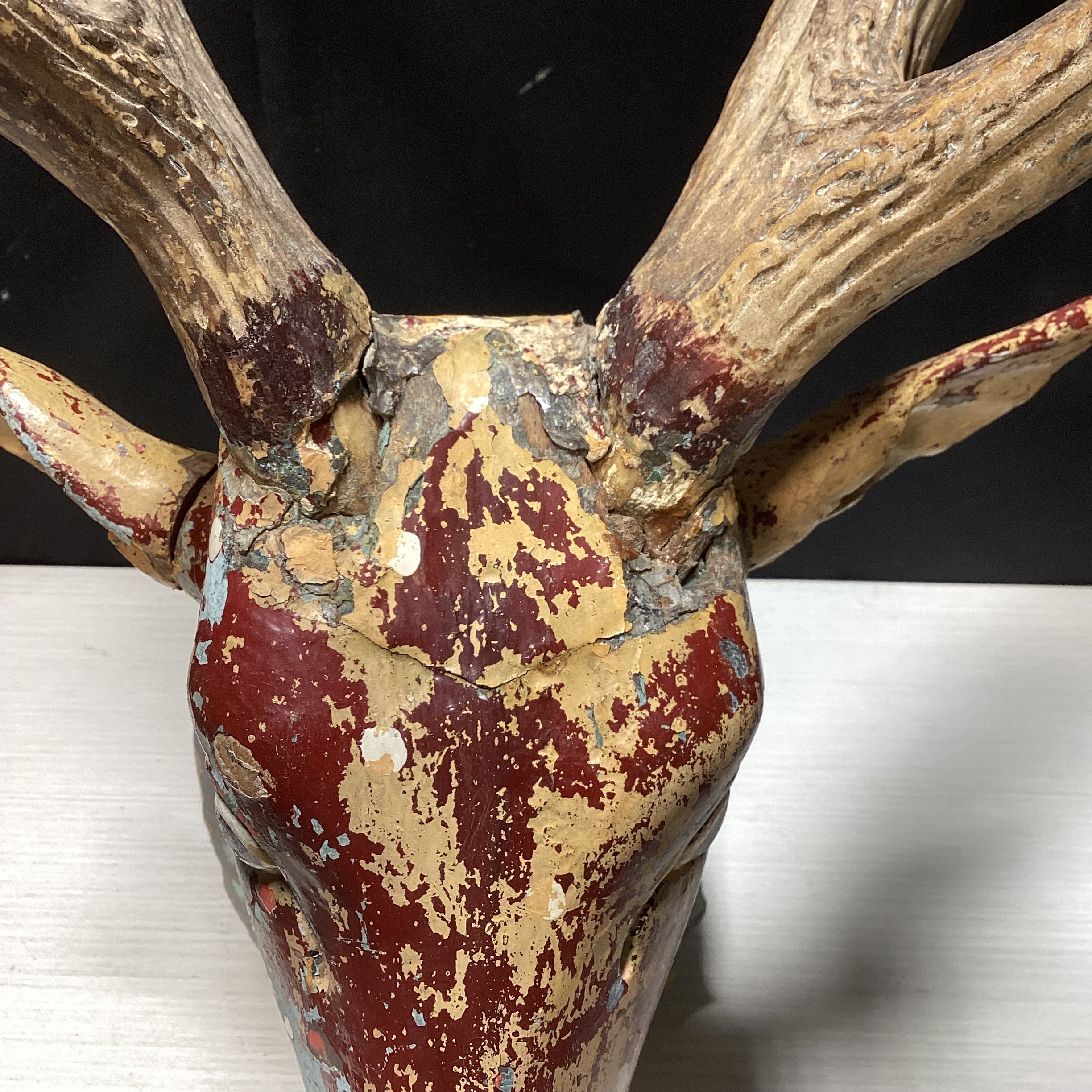 Antique - Vintage Carved Wood Deer Head With Real Antlers 14" x 28"