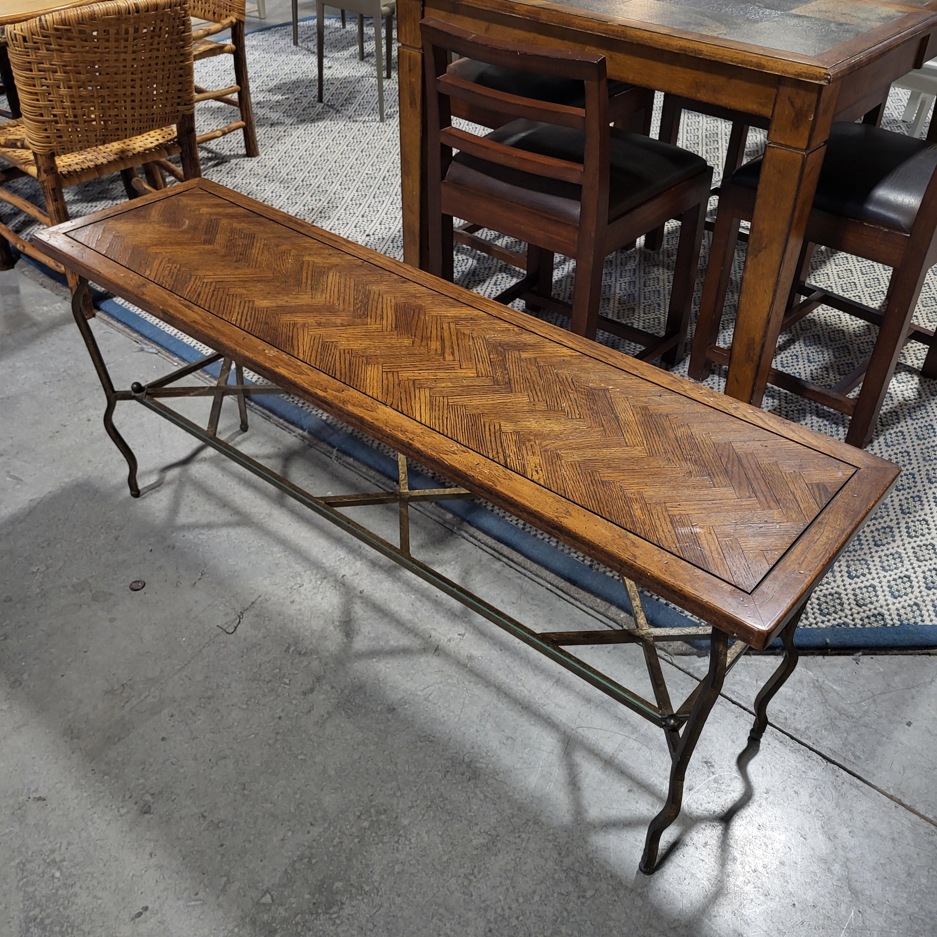 Dark Wood 2 Tiered Herringbone Top Design Glass Shelf with Metal Base Sofa Table 60"x 15.5"x 24.5"