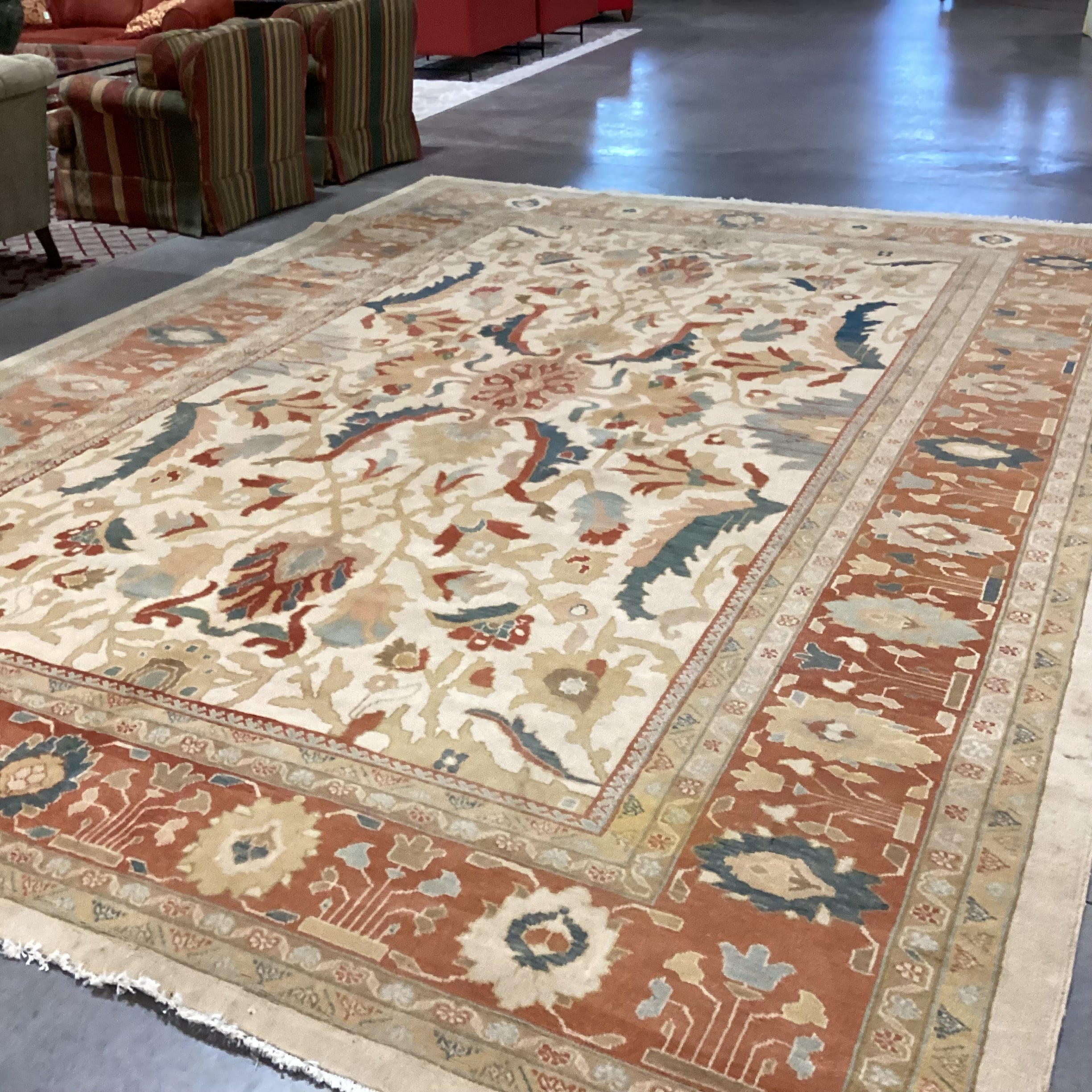 Gold Burnt Orange & Teal Hand Woven Wool Rug 11'x 15'2"