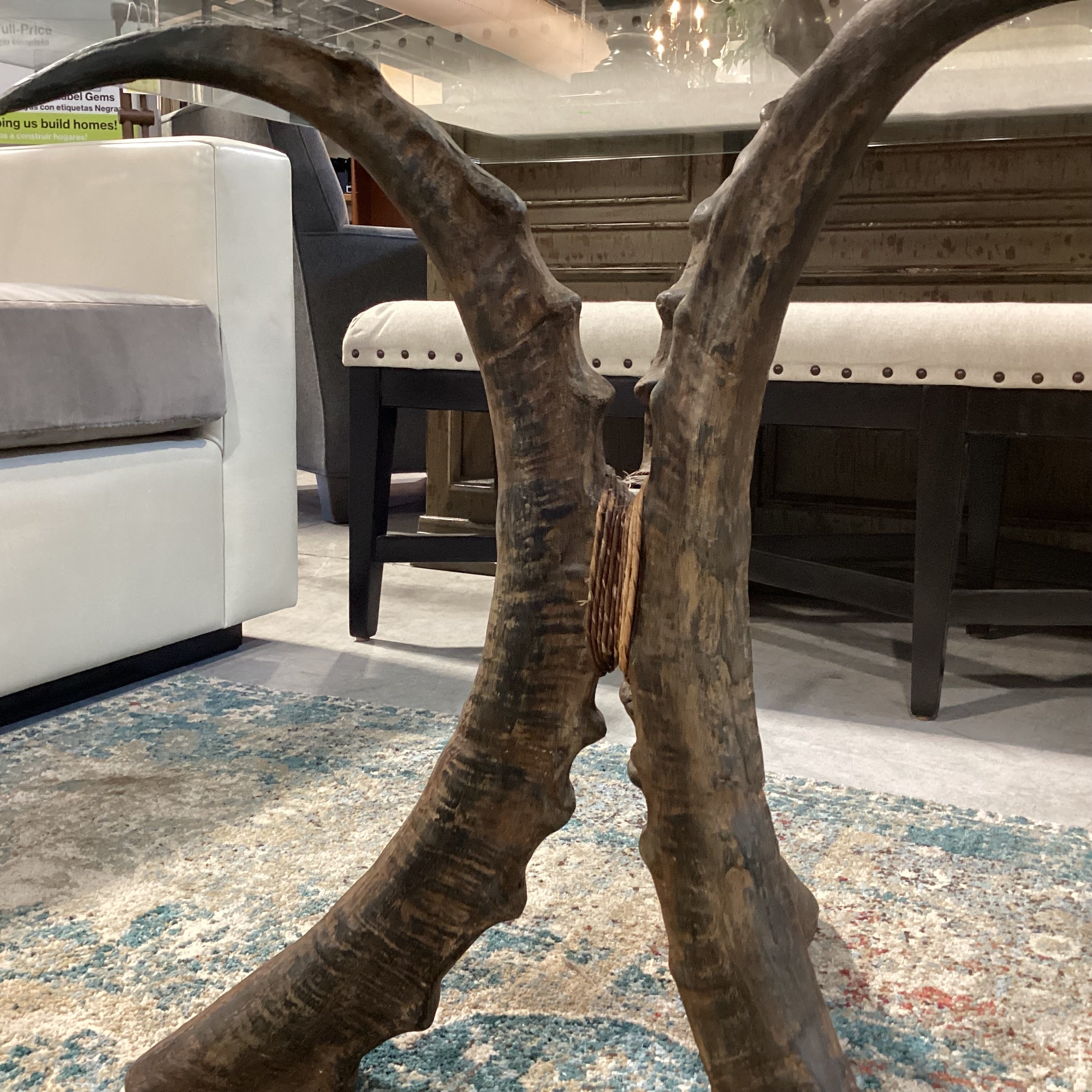 Carved Wood Tri Horn Pedestals with Glass Top Coffee Table 72"x 30"x 23"