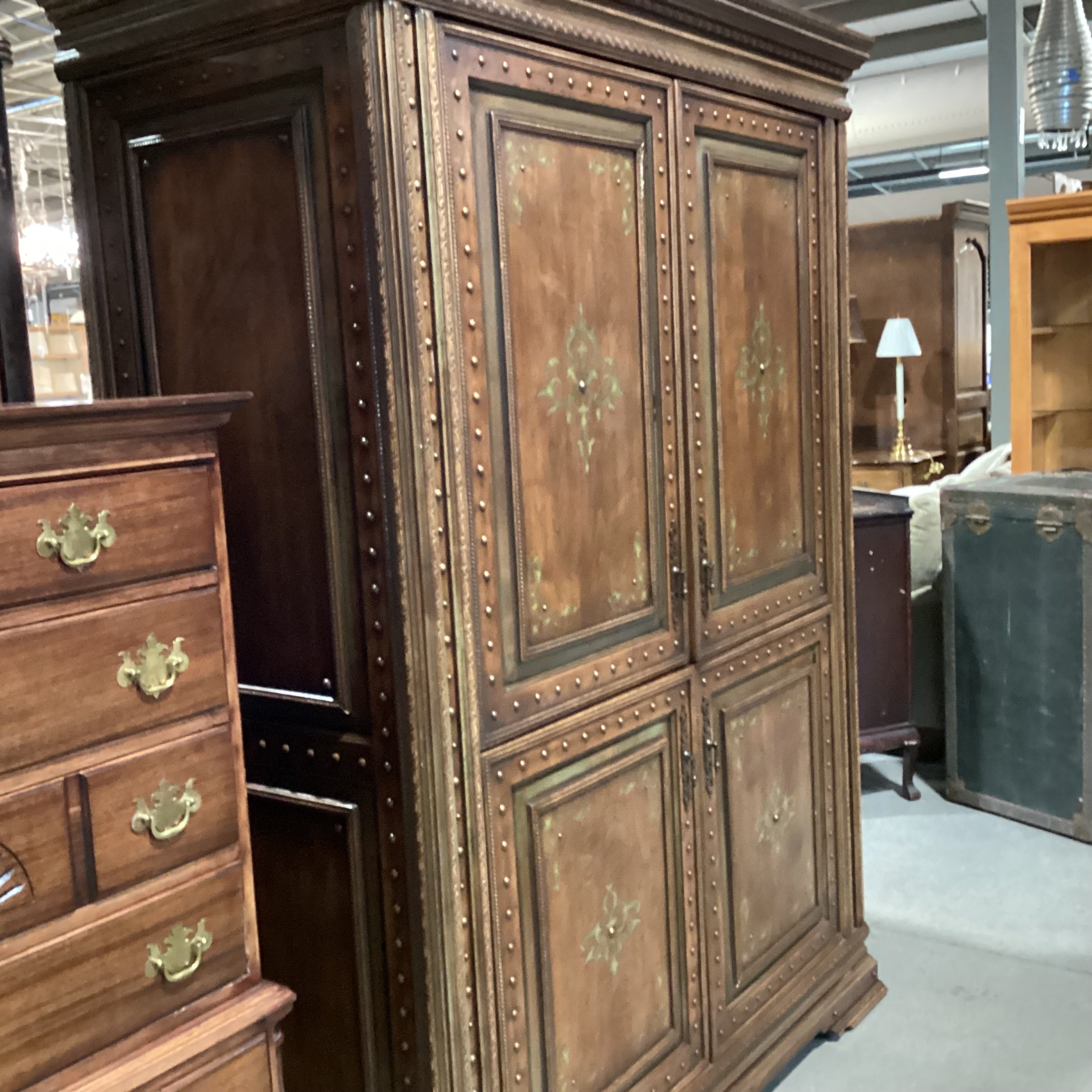 Carved Detail with Nailhead & Painted Design 4 Door Armoire