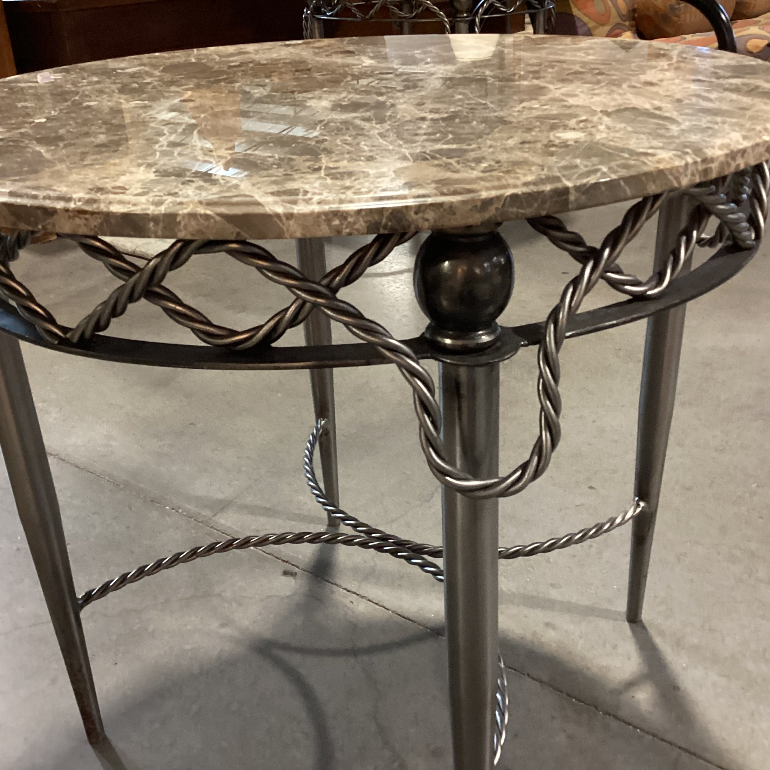 Yale R Burge Antiques Vintage Reproduction Steel Rope Design & Round Marble Top Accent Table 30" Diameter x 27"