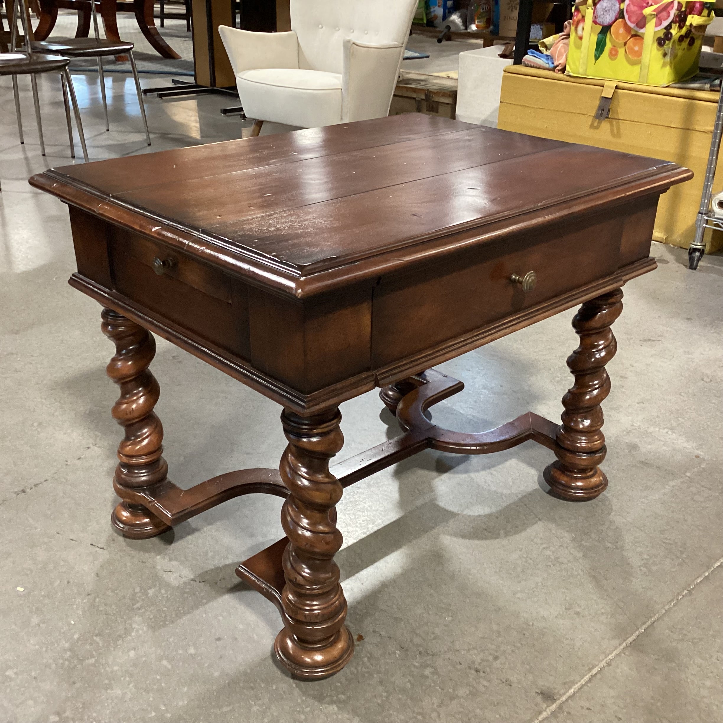 Ornate Carved Finished Solid Wood 1 Drawer Side Pullouts Trestle Base End Table 32"x 24"x 25"