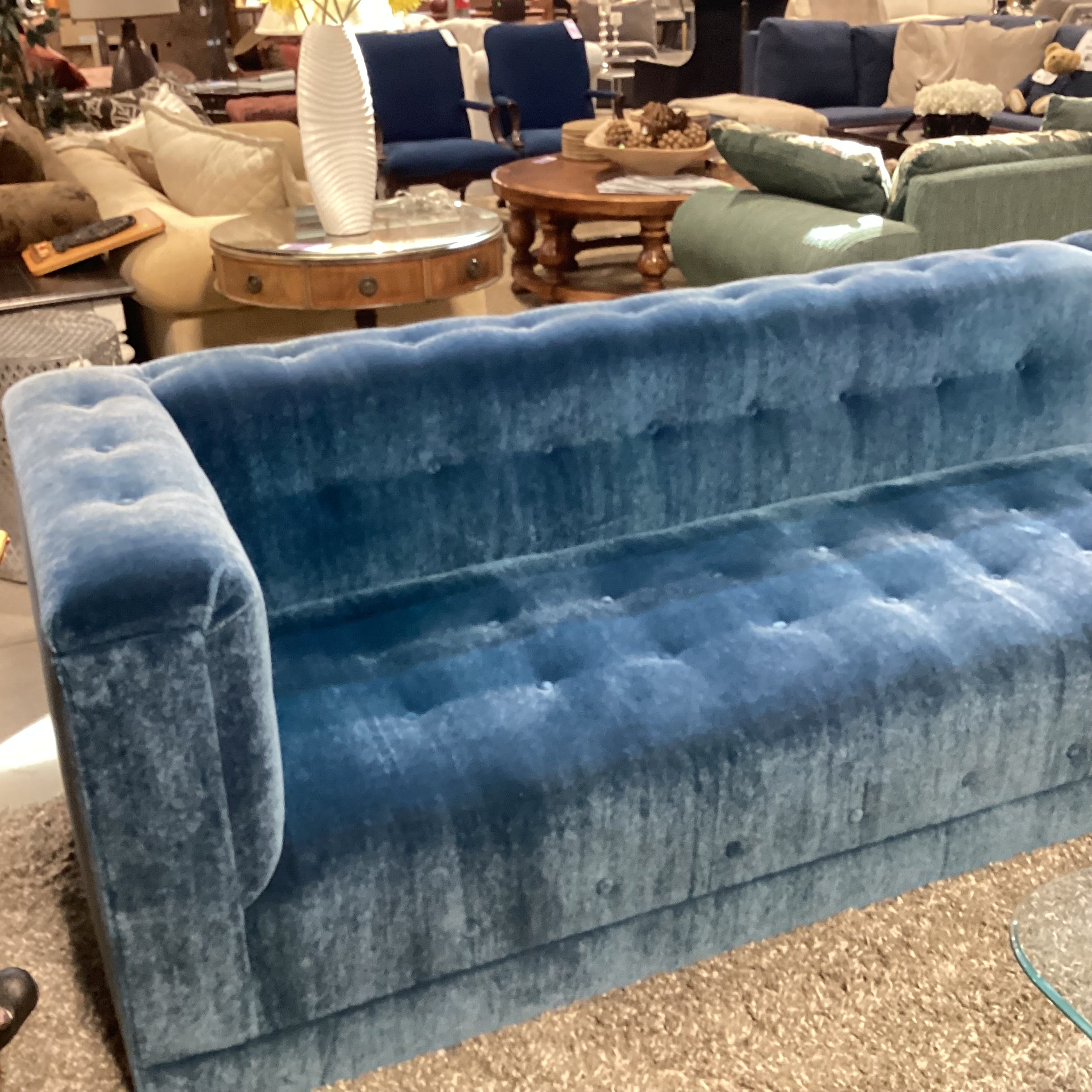 Custom Blue Teal Mohair with Button Tufting 2 Piece Angled Sectional 142"x 35"x 32"