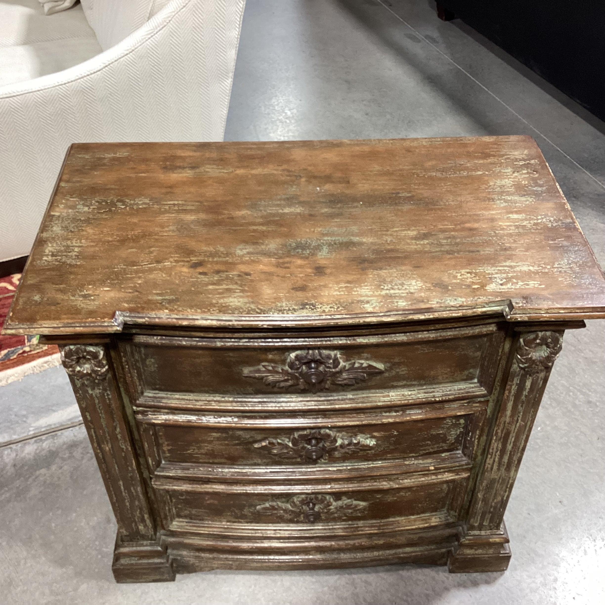 Antiqued Distressed Carved Wood 3 Drawer Nightstand 36"x 20"x 33"