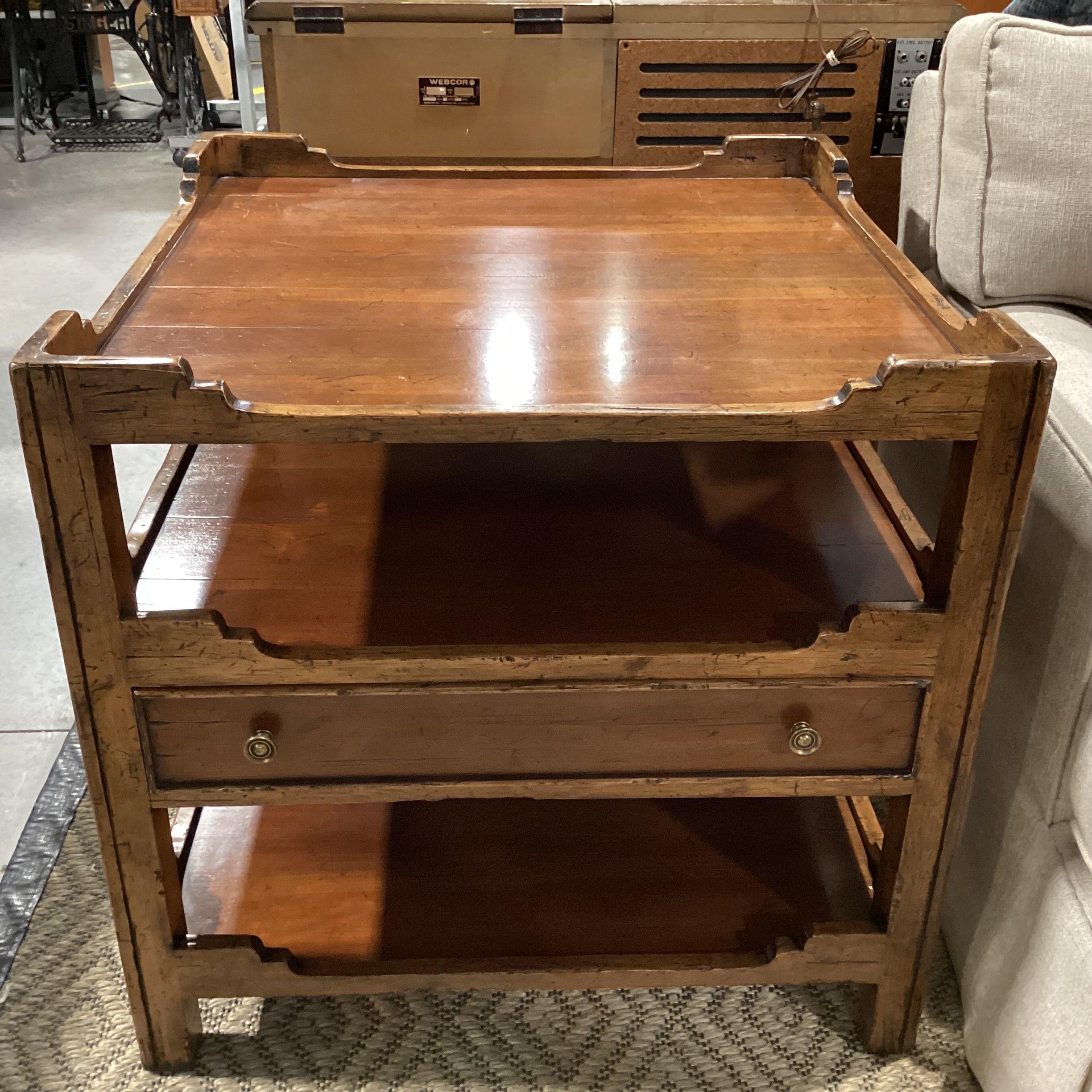 Distressed Carved Wood 3 Tiered 1 Drawer Accent Table 30"x 30"x 29.5"
