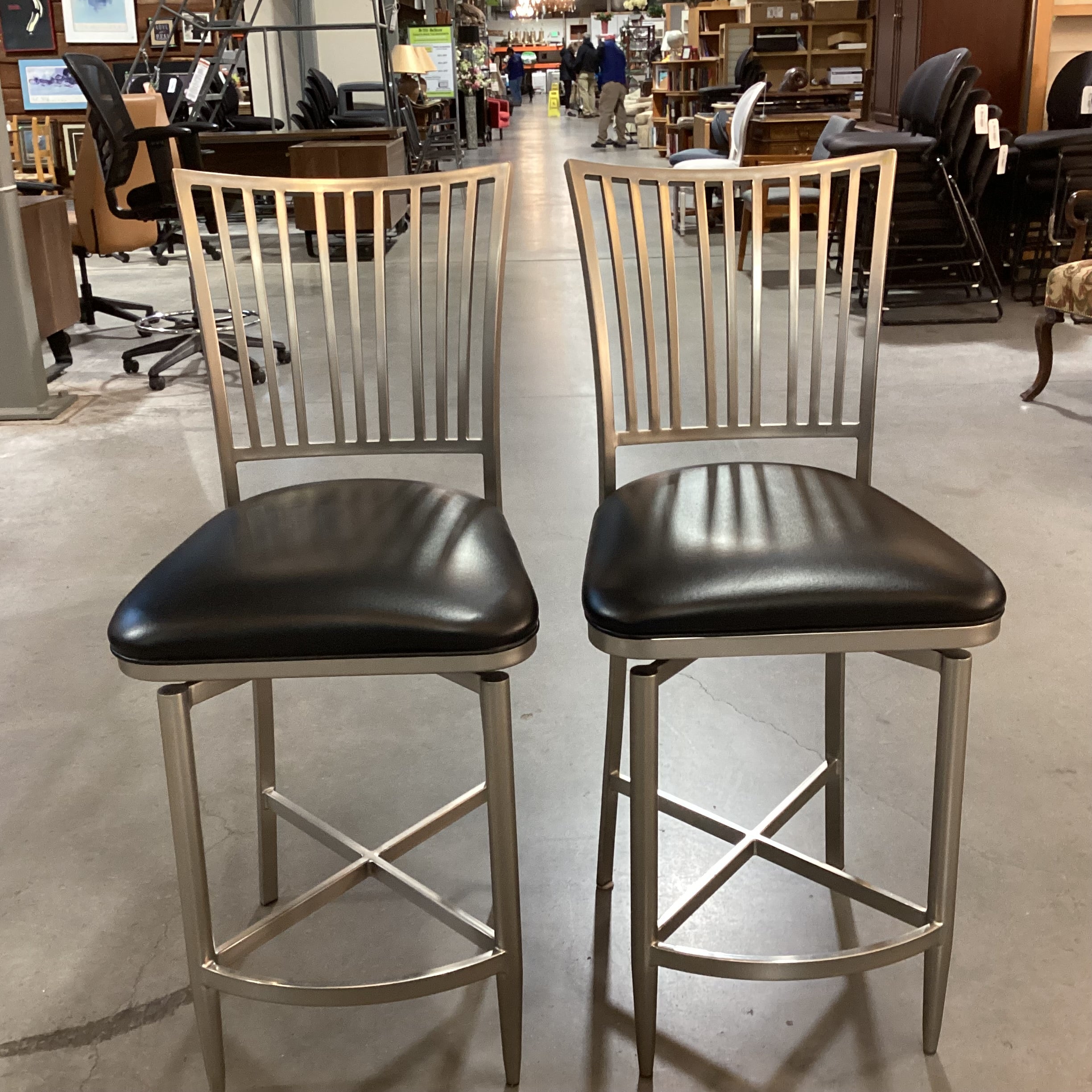 SET of 2 Ashtyn Brushed Nickel Finish Metal & Black Faux Leather Return Swivel Barstools 26"