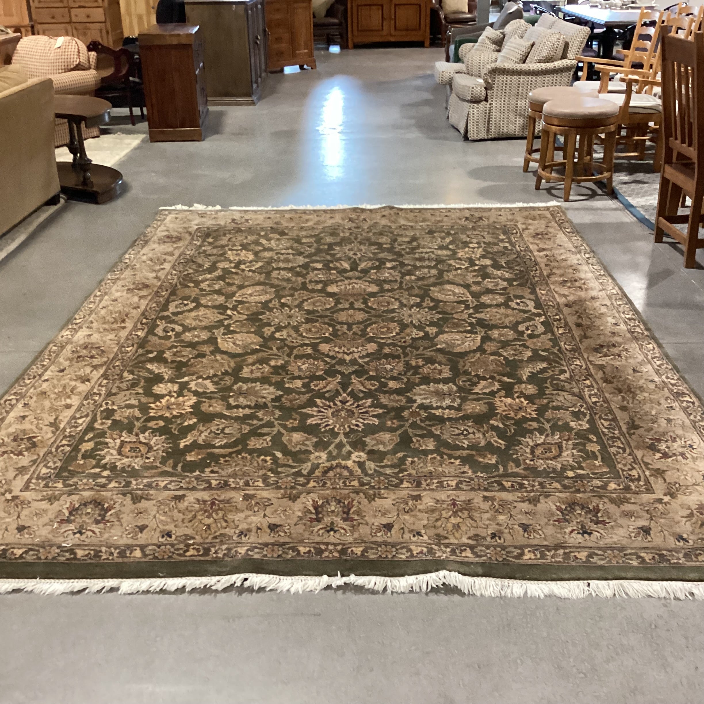 Olive & Brown Floral W/ Border Woven Wool Rug 8'9" x 12'4"