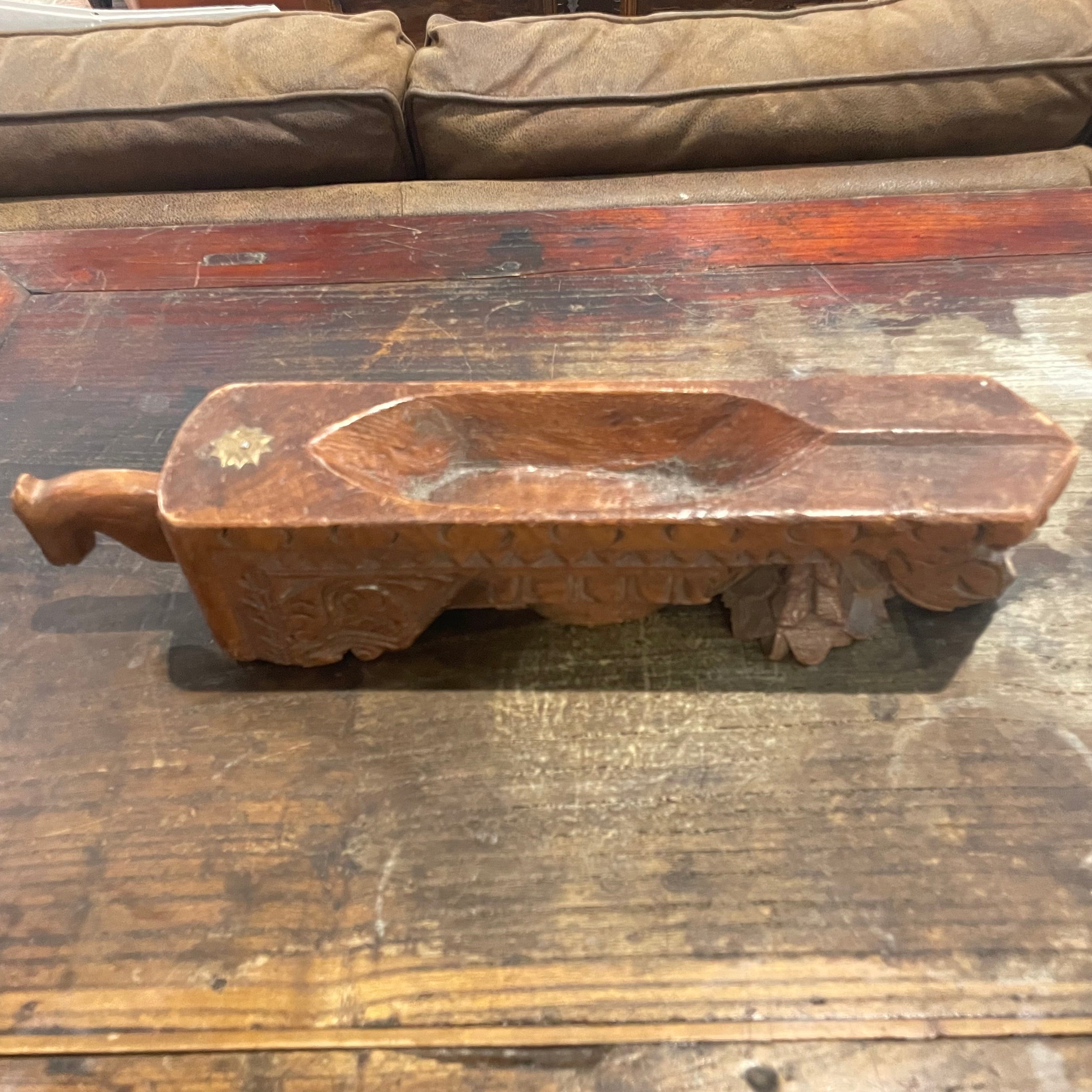 Hand Carved Floral Detail Teak Wood Kharal/Opium Milk Bowl with Horse Head,16" 3.2" 3.5"