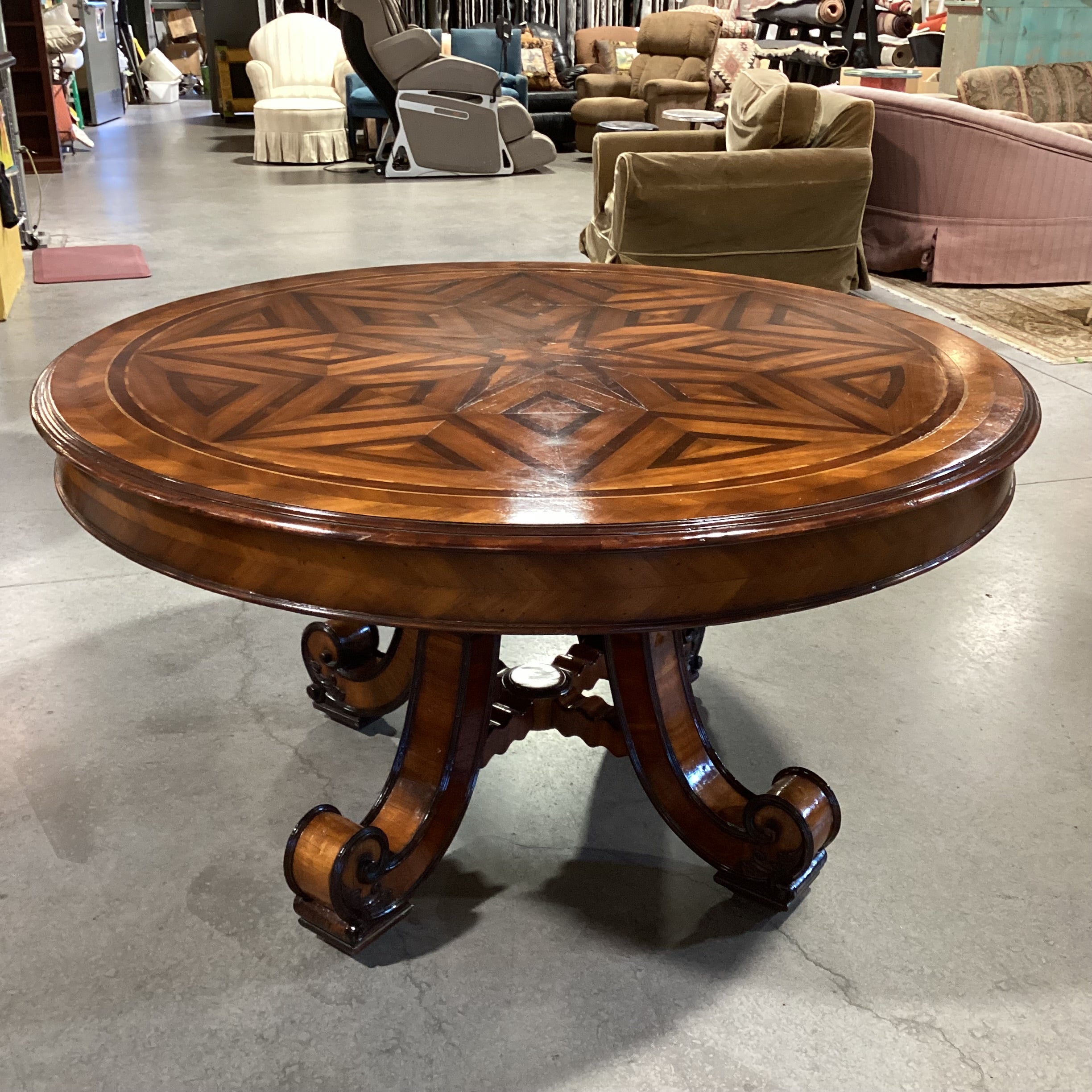 Alfonso Marina Ebanista Ornate Carved & Inlay Wood with Pedestal Round Accent or Dining Table 56" Diameter x 30.5"