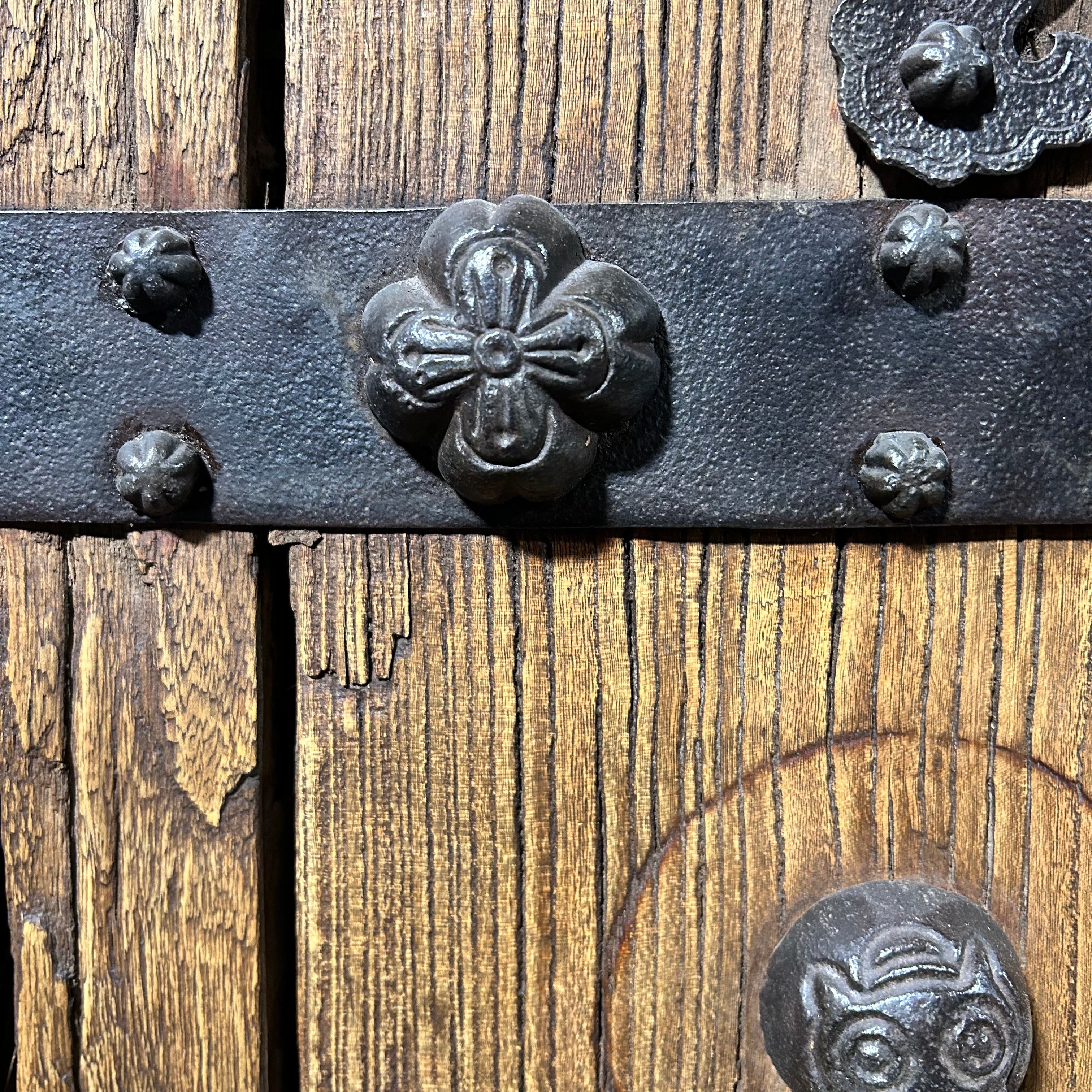 50.5"x 82.75" Antique Chinese Elm Compound Doors with Intriquite Iron Hardware