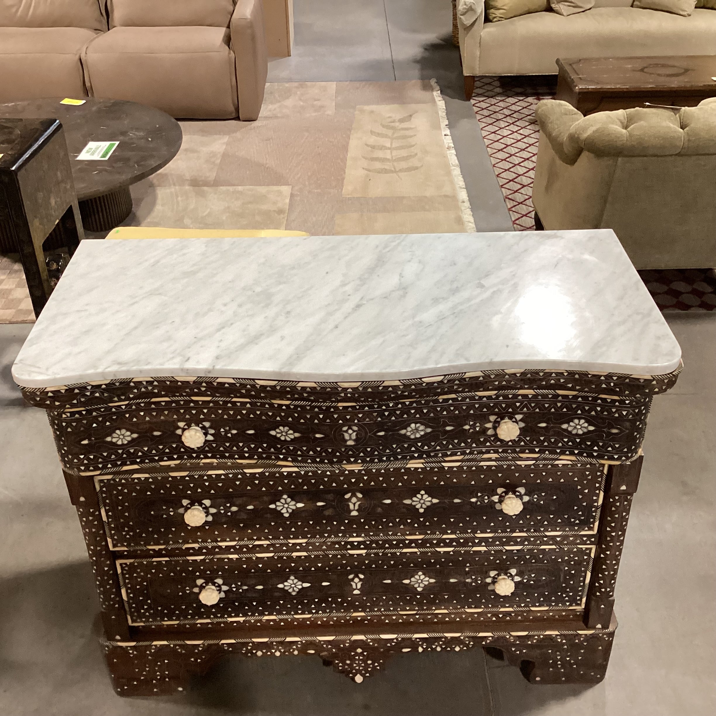 Damascus Carved Wood Mother of Pearl Inlay & Marble Top Wedding Chest 45.5"x 20.5"x 37"